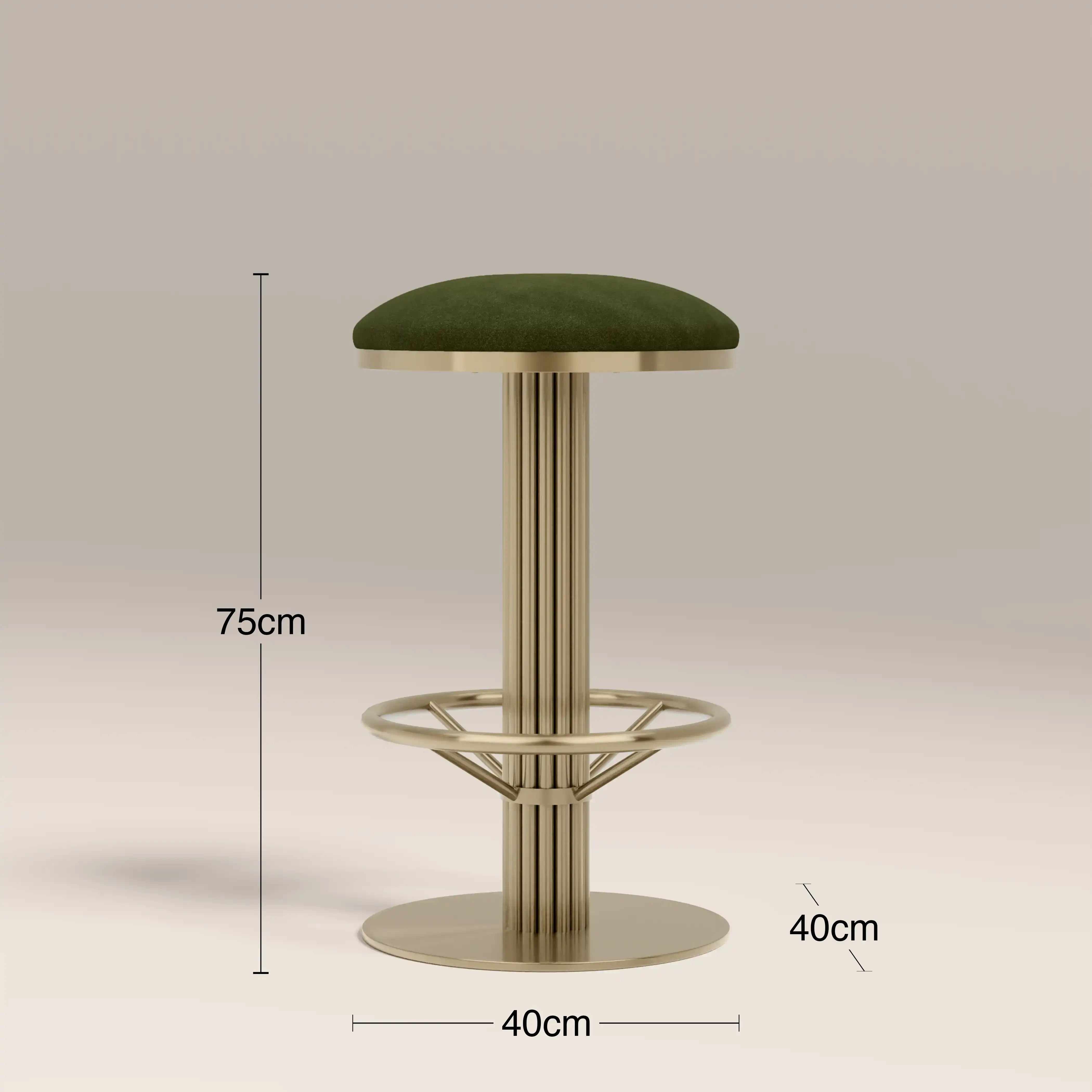 Rafferty Bar Swivel Stool upholstered in olive green velvet with a brass-finished stainless steel frame, featuring decorative vertical ridges, a circular footrest, and swivel functionality, designed for luxury hospitality, hotel, restaurant, and bar interiors. Green bar stool with gold metal frame and dimensions on a gray background