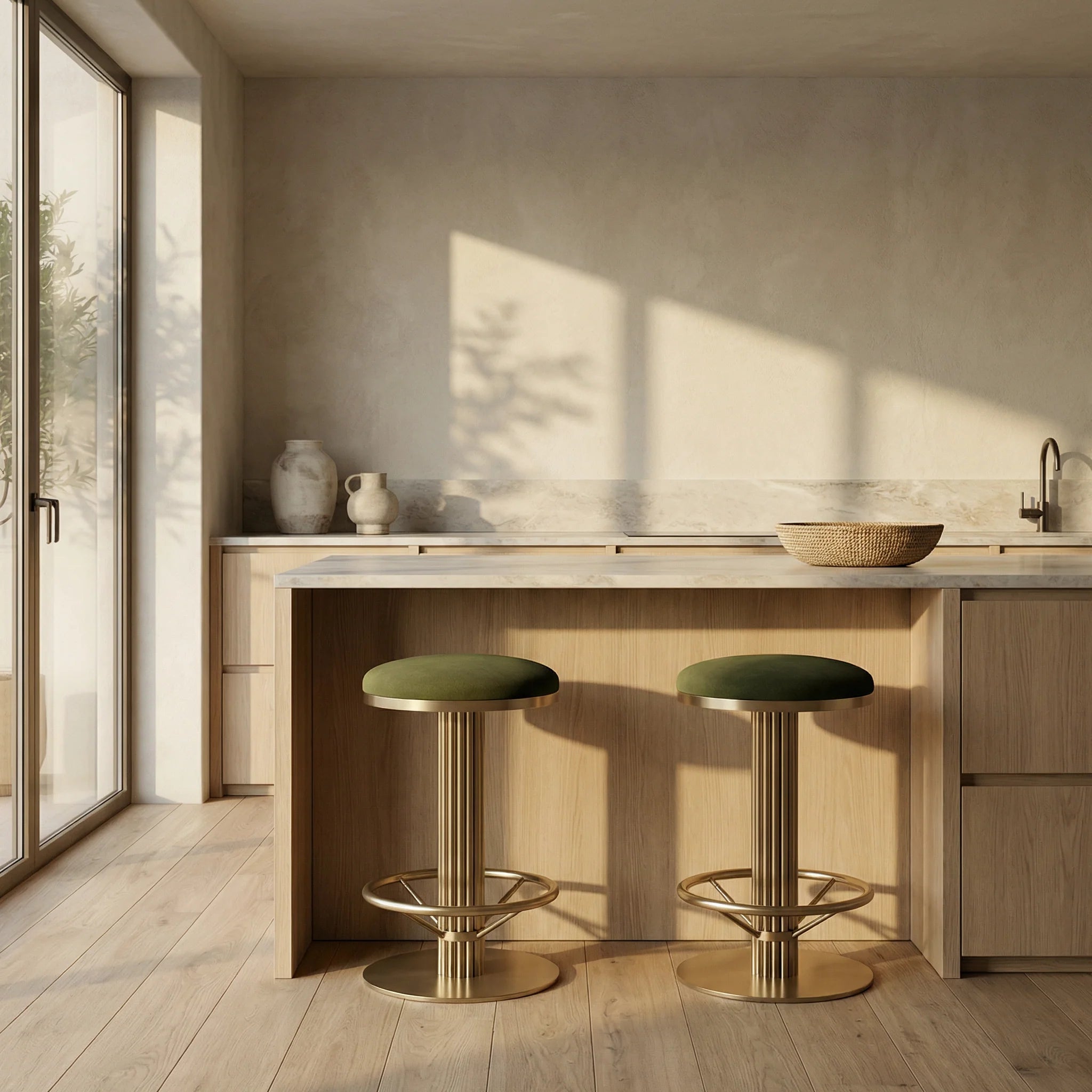 Rafferty Bar Swivel Stool upholstered in olive green velvet with a brass-finished stainless steel frame, featuring decorative vertical ridges, a circular footrest, and swivel functionality, designed for luxury hospitality, hotel, restaurant, and bar interiors. Modern kitchen with wooden island and green stools
