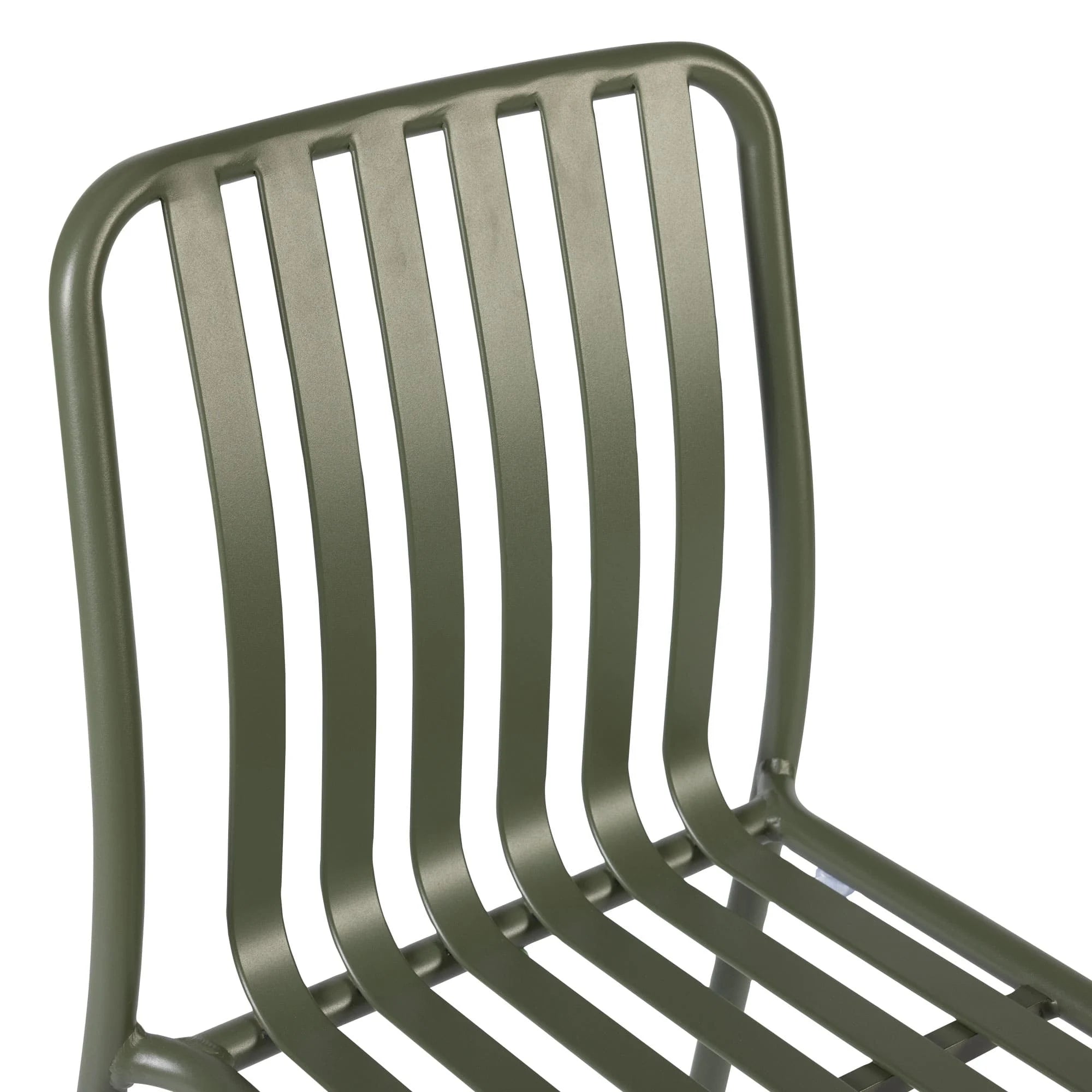 Henley Side Chair in Pine Green featuring a powder-coated aluminium frame with contemporary slatted seat and backrest for indoor and outdoor hospitality environments.Green metal chair on a white background. Commercial Henley Side Chair in Pine Green featuring a lightweight powder-coated aluminium frame, ergonomic slatted design and stackable construction for hospitality, restaurant, hotel, café and outdoor seating applications.
