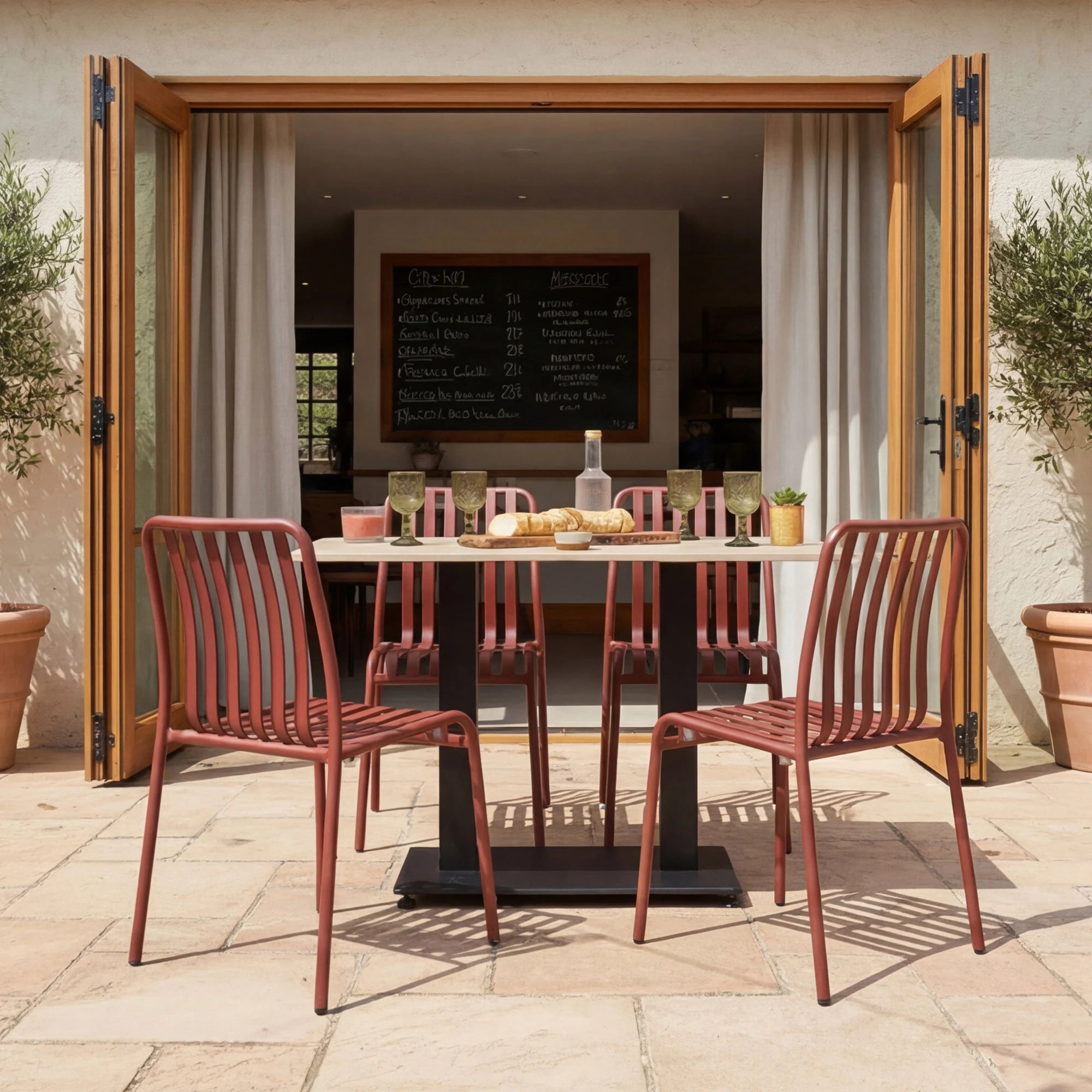 Outdoor dining area with red chairs and a table in front of open doors. Henley Side Chair in Brick Red featuring a contemporary slatted aluminium design with powder-coated finish, suitable for indoor and outdoor hospitality environments.