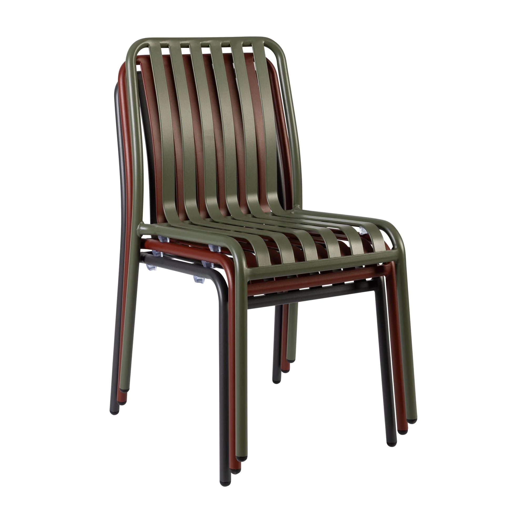 Stackable chair with green and brown striped design on a white background Henley Side Chair in Brick Red featuring a contemporary slatted aluminium design with powder-coated finish, suitable for indoor and outdoor hospitality environments.
