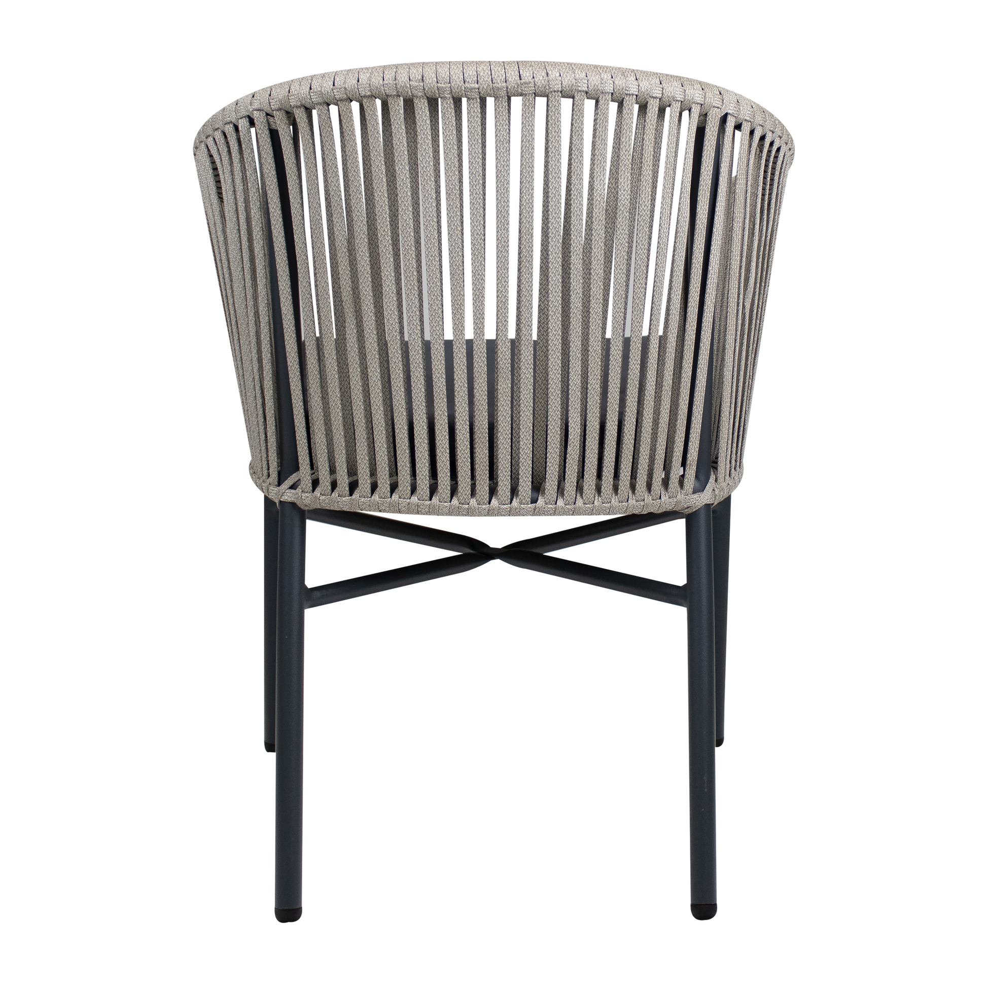 Holt 'Rope' Arm Chair Inc. Seat Cushion featuring a natural woven rope backrest and dark grey seat cushion on black metal legs, suitable for commercial and hospitality environments.