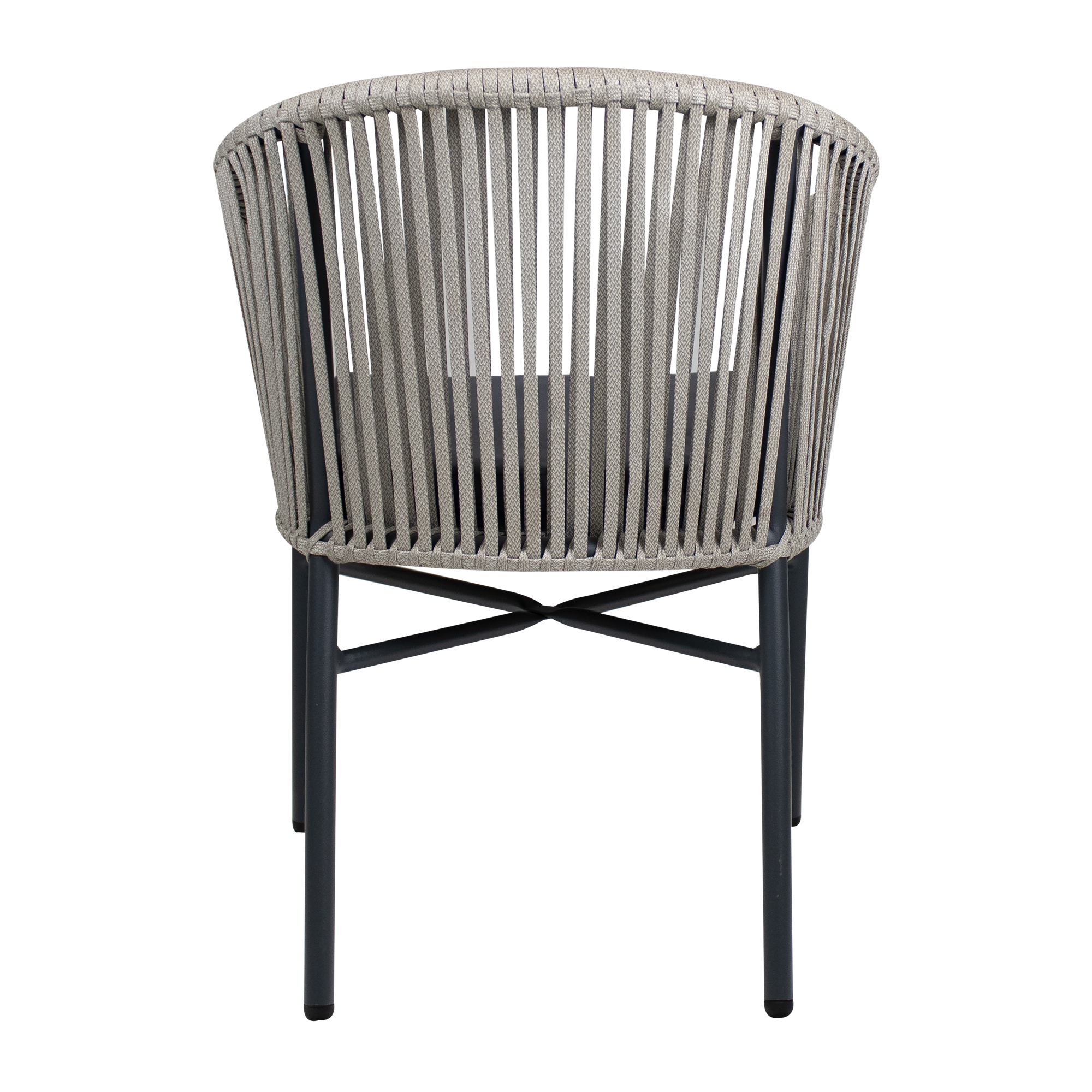 Holt 'Rope' Arm Chair Inc. Seat Cushion featuring a natural woven rope backrest and dark grey seat cushion on black metal legs, suitable for commercial and hospitality environments.