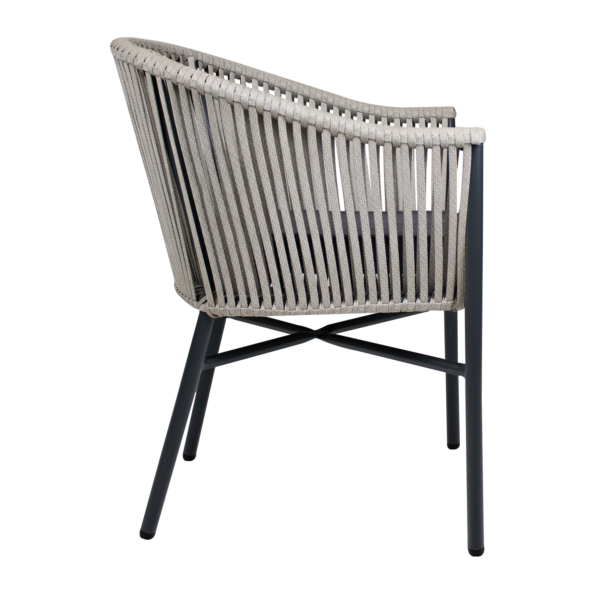Side view of Holt 'Rope' Arm Chair Inc. Seat Cushion showing natural woven rope backrest and dark grey seat cushion on black metal legs, designed for commercial interiors.