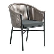 Holt 'Rope' Arm Chair Inc. Seat Cushion featuring a sleek metal frame with natural woven rope backrest and dark grey seat cushion, designed for commercial interiors and hospitality spaces.