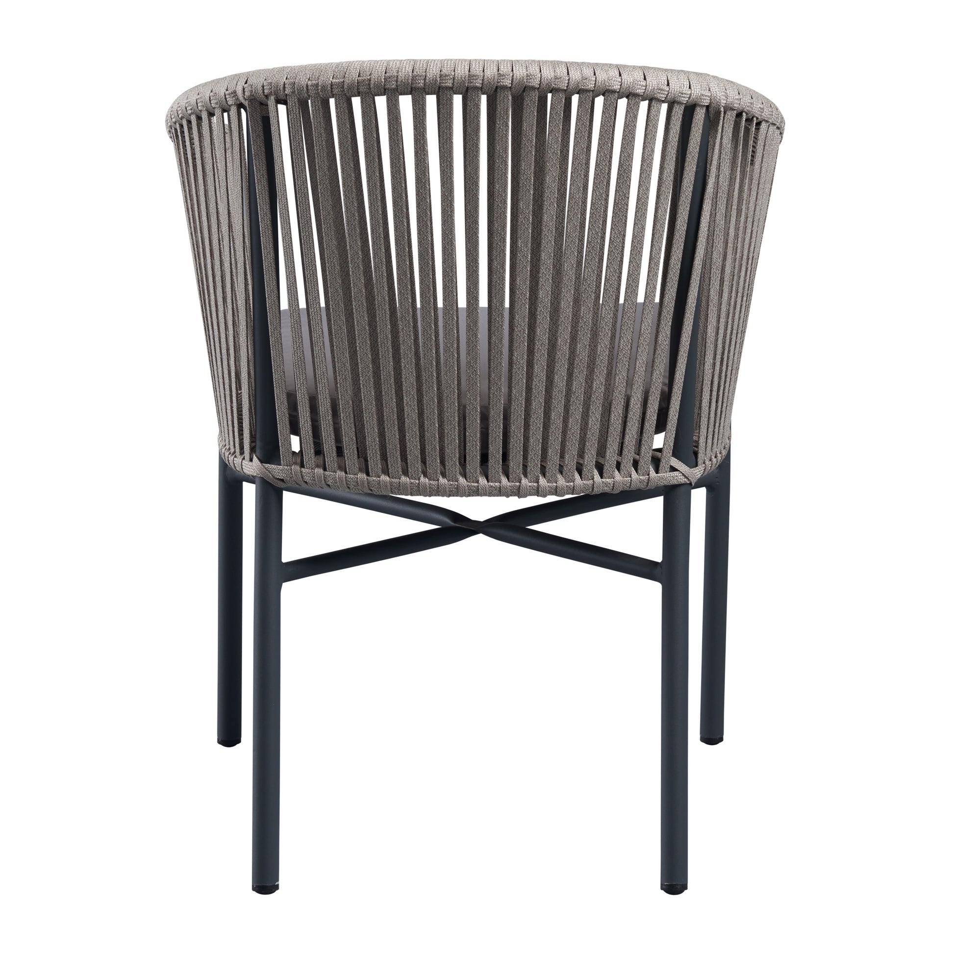 Back view of Holt 'Rope' Arm Chair Inc. Seat Cushion showing natural woven rope design with light grey cushion and black metal legs, ideal for commercial interiors.