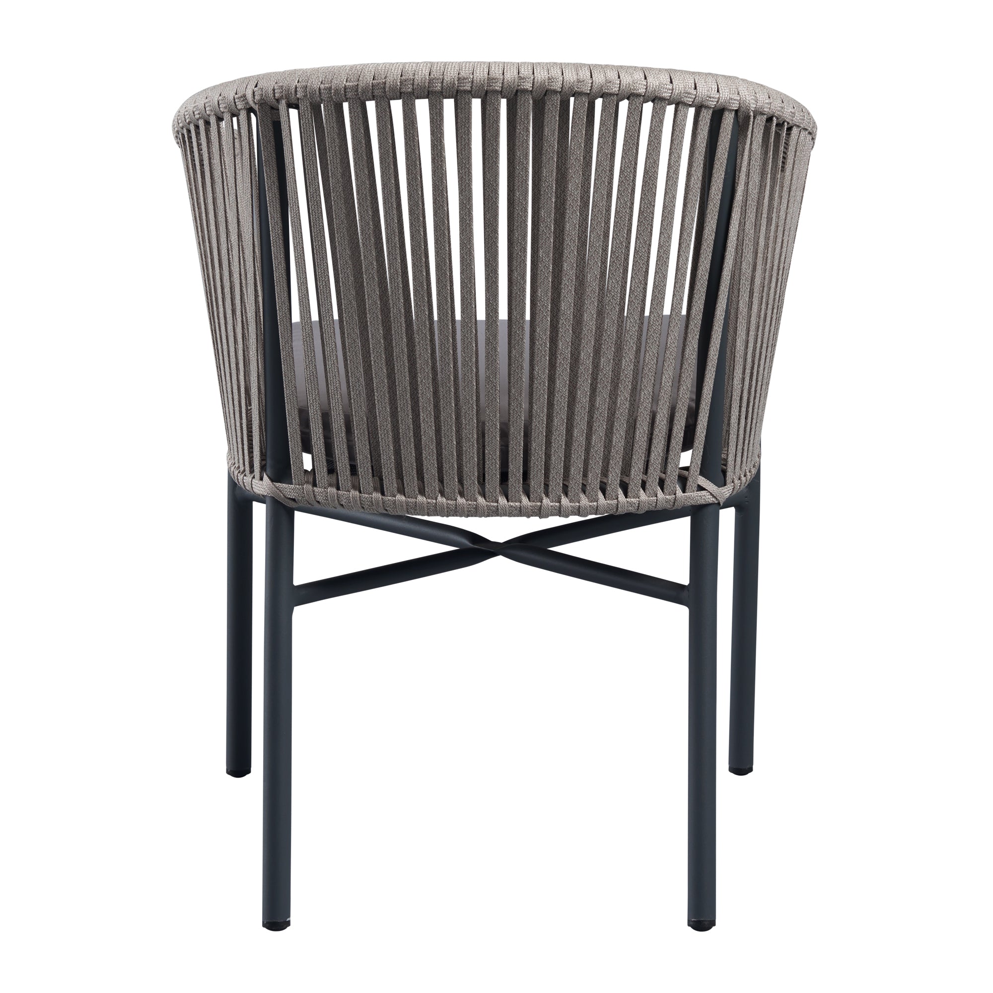 Back view of Holt 'Rope' Arm Chair Inc. Seat Cushion showing natural woven rope design with light grey cushion and black metal legs, ideal for commercial interiors.
