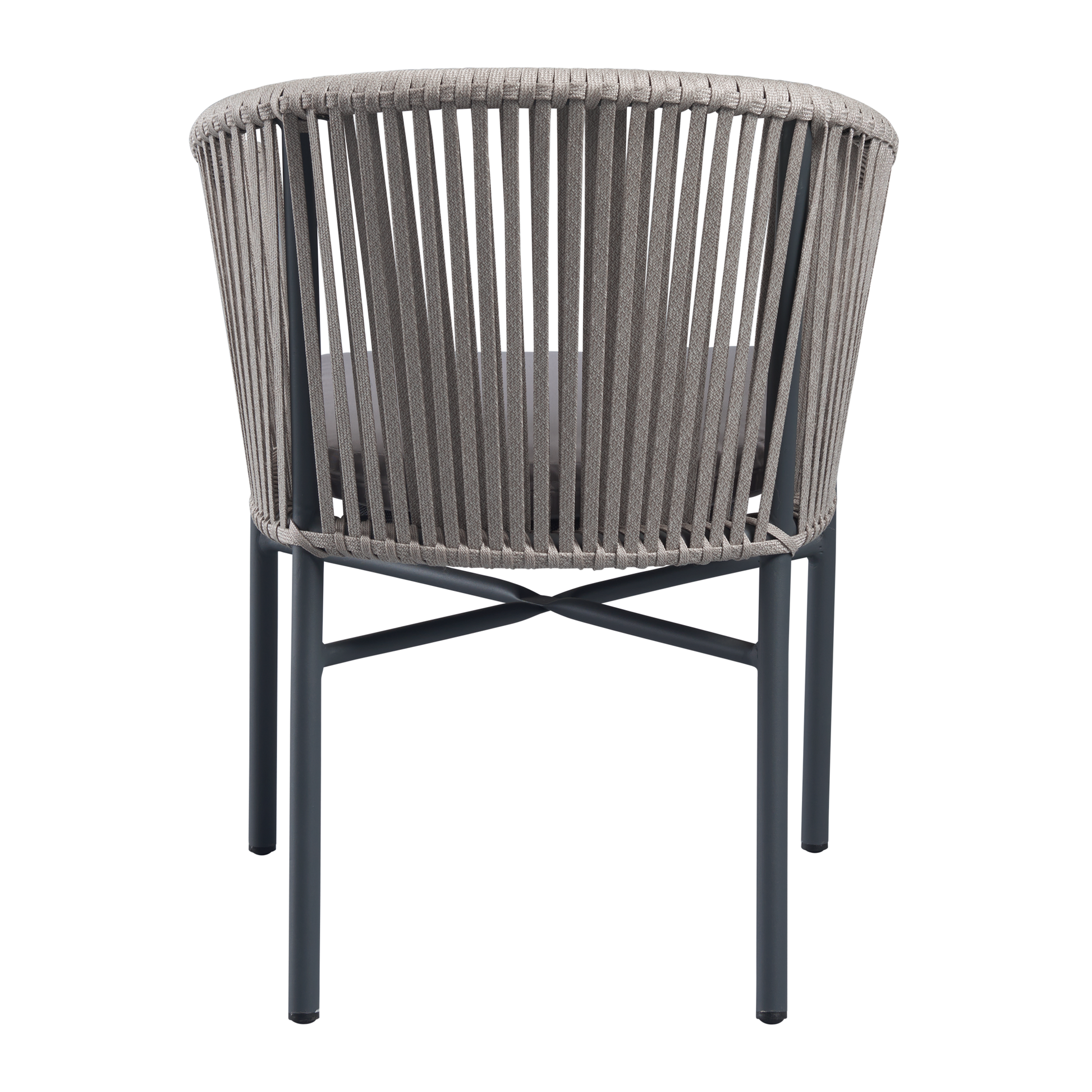 Holt 'Rope' Arm Chair Inc. Seat Cushion with natural woven rope backrest and light grey upholstered cushion, featuring sturdy black metal legs and modern design.