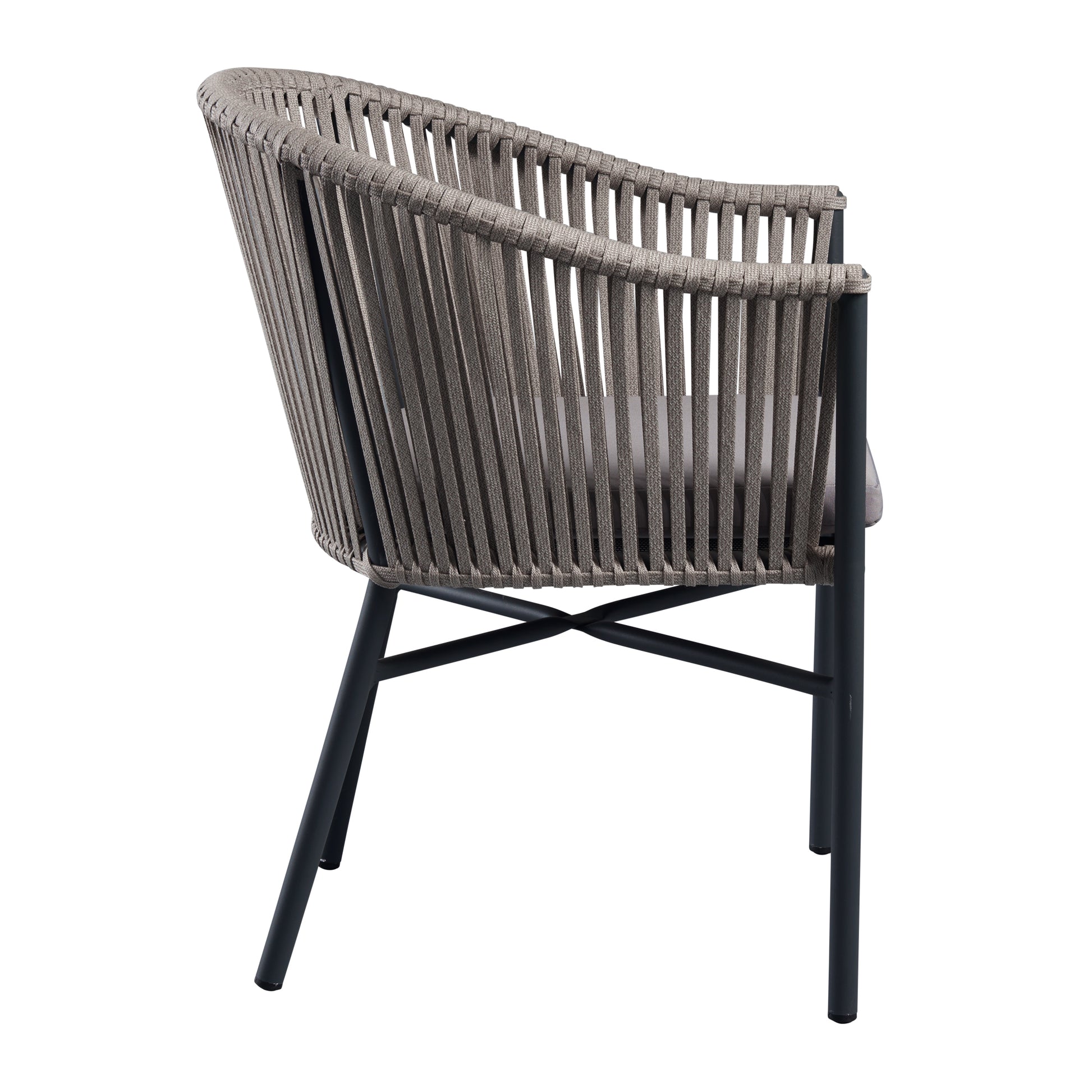 Side view of Holt 'Rope' Arm Chair Inc. Seat Cushion featuring woven natural rope design with a light grey cushion and black metal legs, suitable for commercial interiors.