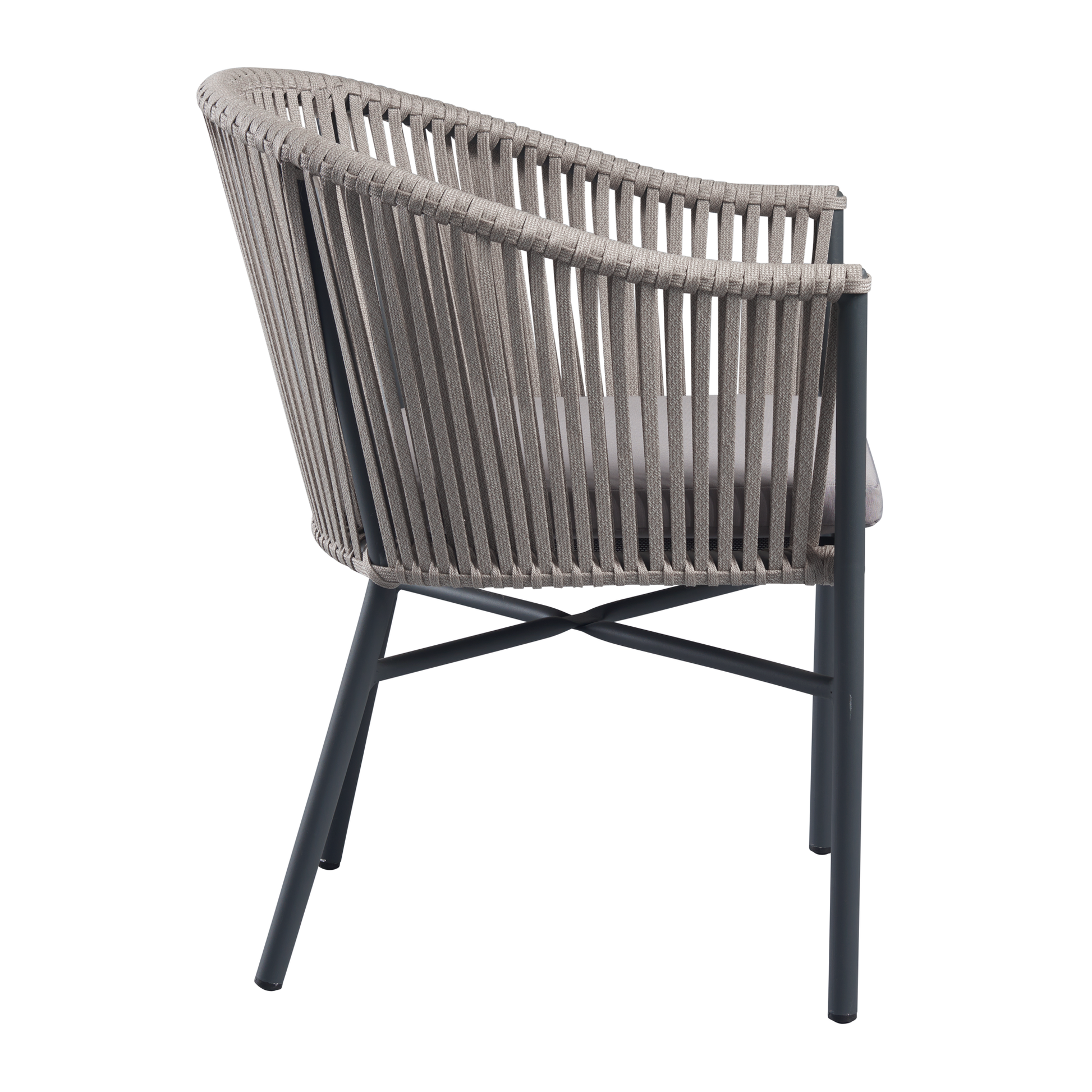 Side view of Holt 'Rope' Arm Chair Inc. Seat Cushion featuring a natural rope weave backrest and light grey seat cushion on a dark metal frame, designed for commercial interiors.