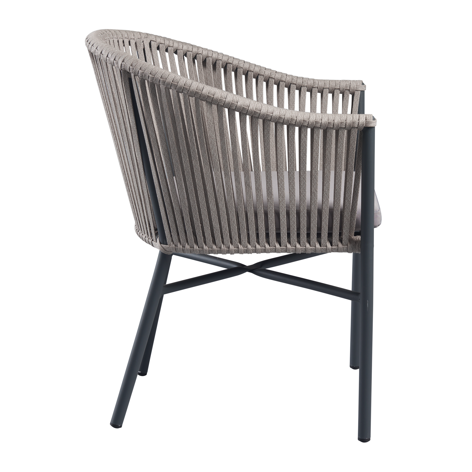 Side view of Holt 'Rope' Arm Chair Inc. Seat Cushion featuring a natural rope weave backrest and light grey seat cushion on a dark metal frame, designed for commercial interiors.