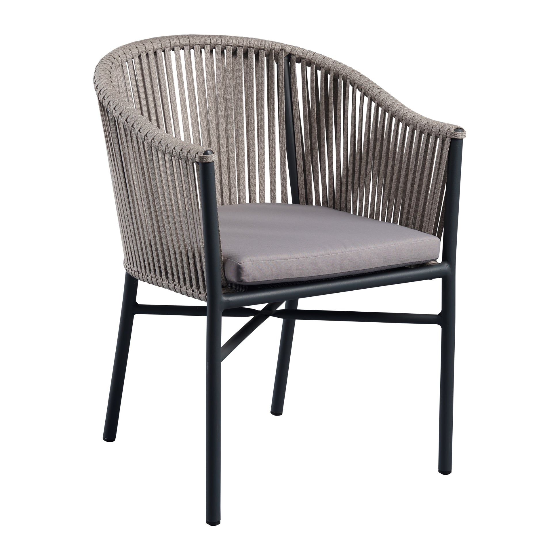 Holt 'Rope' Arm Chair Inc. Seat Cushion with a natural-tone woven rope backrest and light grey seat cushion on a sleek black frame, ideal for stylish commercial interiors.