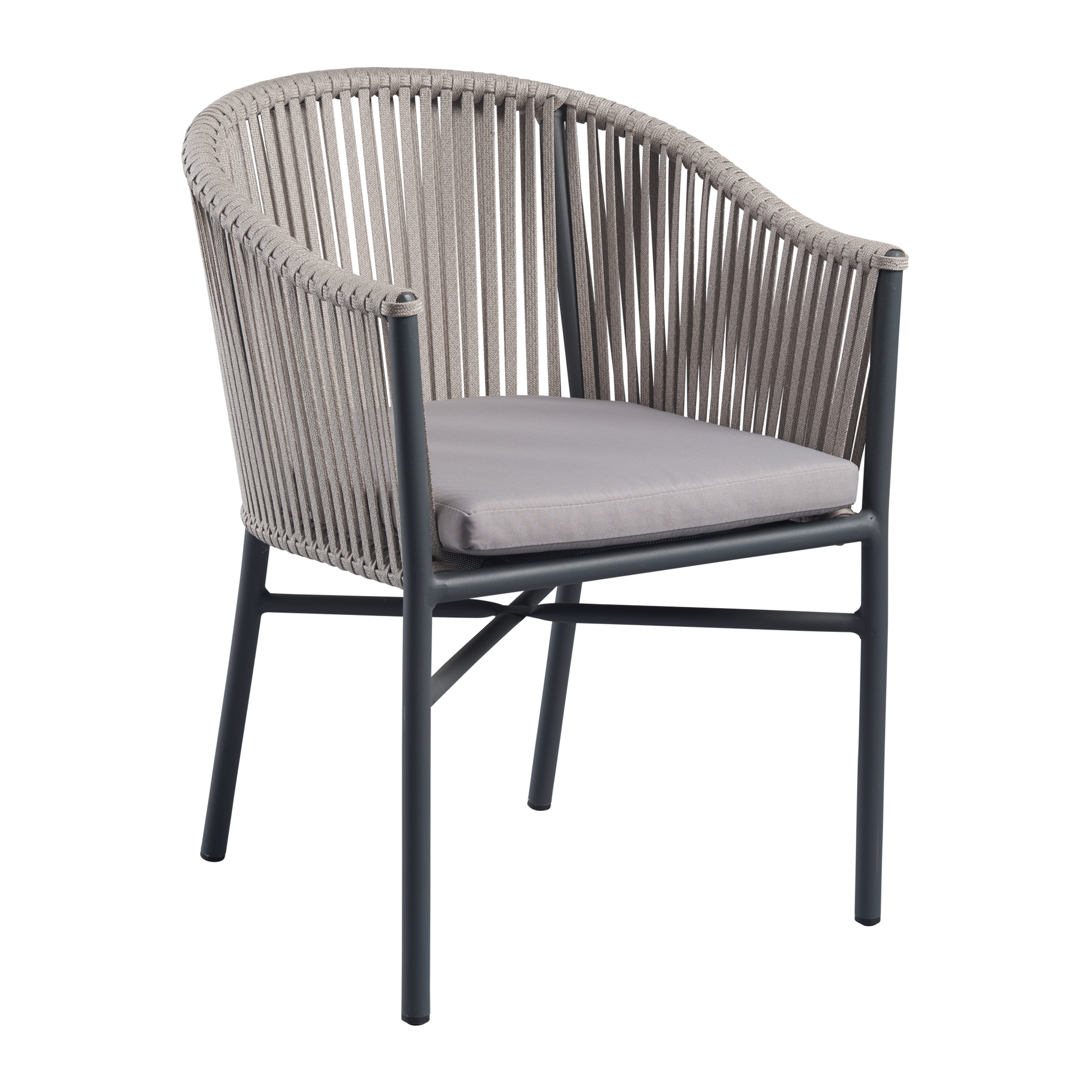 Holt 'Rope' Arm Chair Inc. Seat Cushion features a light grey cushioned seat with a natural woven rope backrest and black metal frame, designed for stylish comfort in commercial interiors.