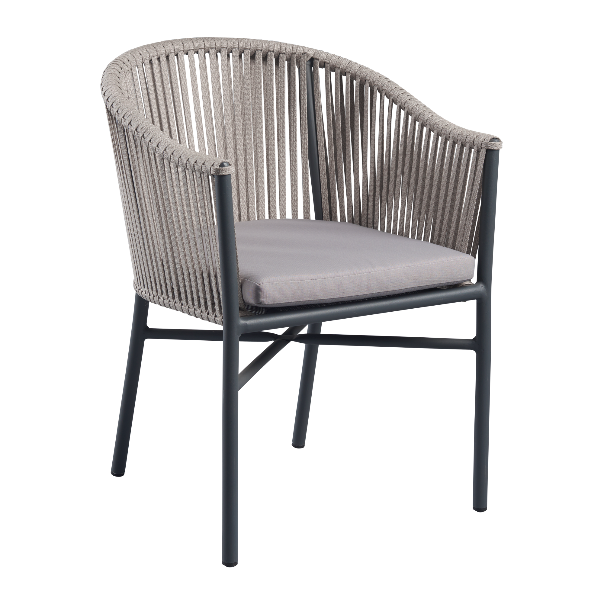 Holt 'Rope' Arm Chair Inc. Seat Cushion features a light grey cushioned seat with a natural woven rope backrest and black metal frame, designed for stylish comfort in commercial interiors.