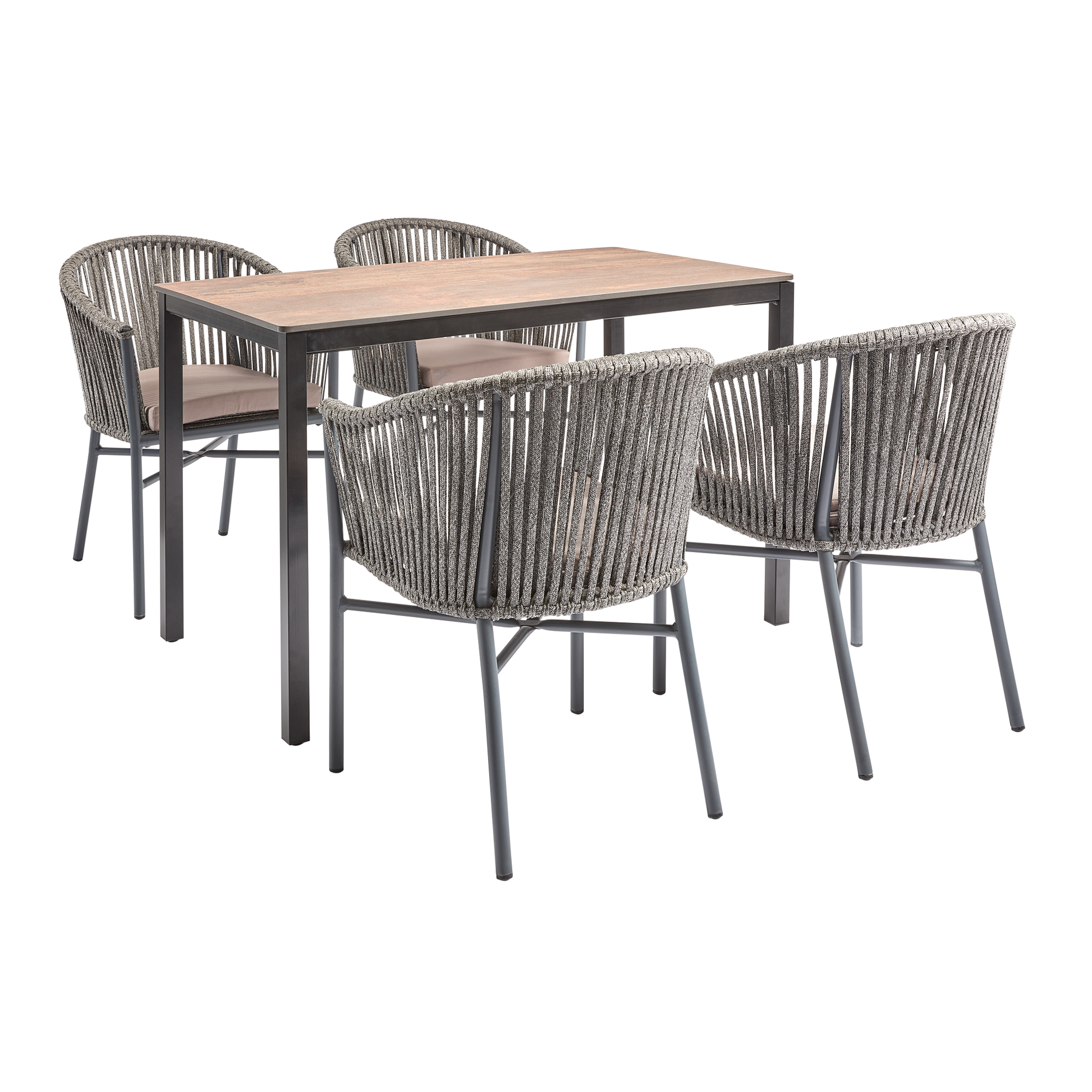 Modern dining set featuring four Holt 'Rope' Arm Chair Inc. Seat Cushion chairs with woven rope backs and cushioned seats around a rectangular wood-top table with metal legs.