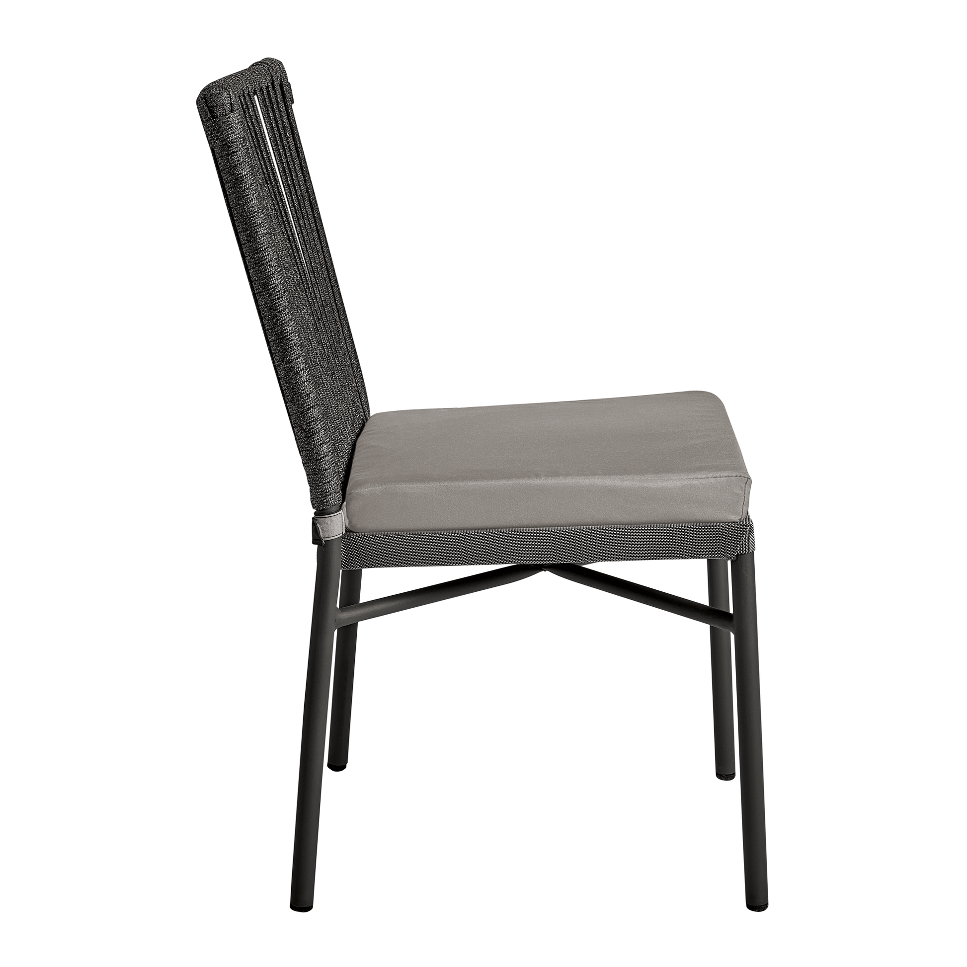 Side view of a Holt Side Chair - Natural - Seat Cushion Dark Grey featuring a woven natural frame with a dark grey seat cushion and black metal legs, ideal for commercial and hospitality use.