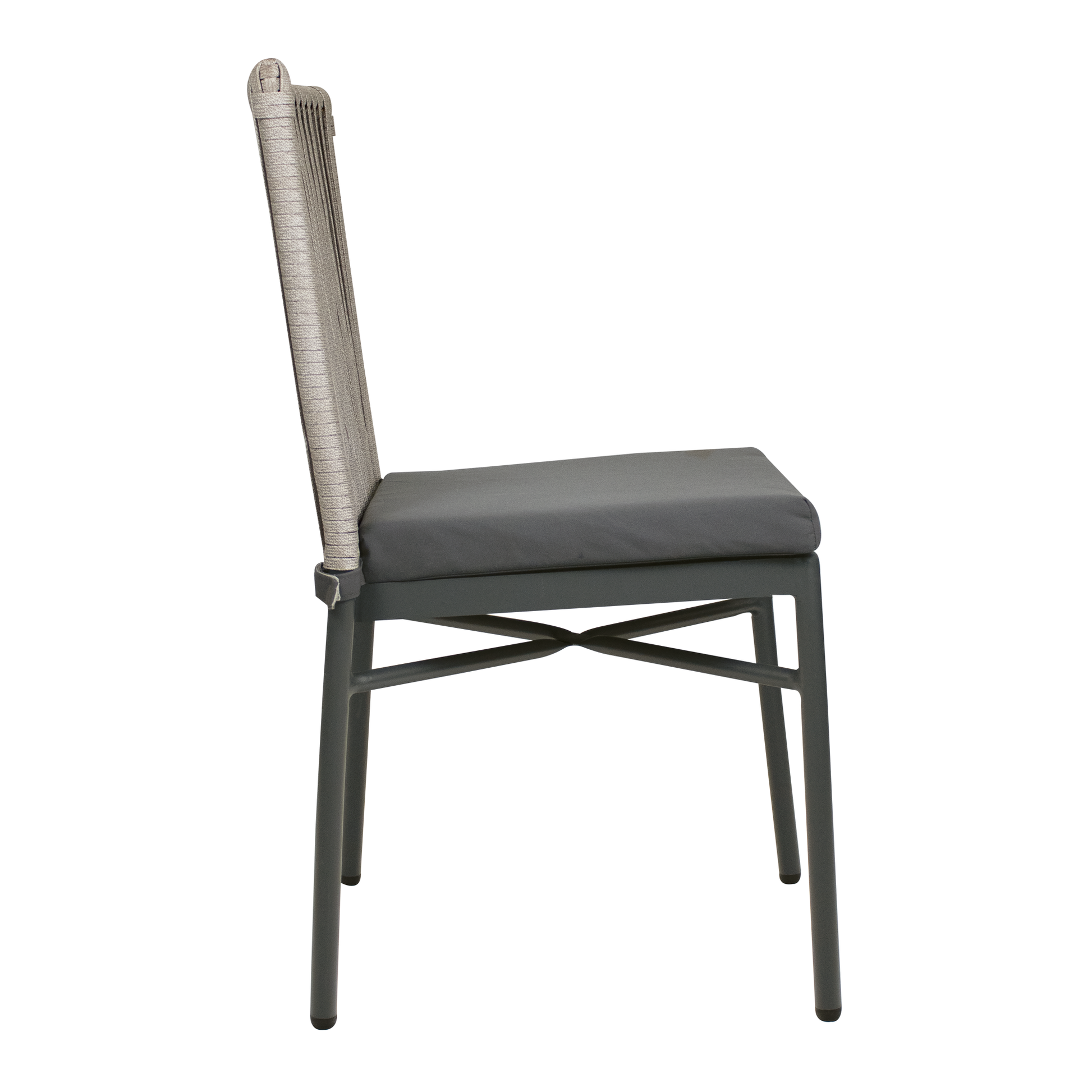 Side view of Holt 'Rope' Side Chair Inc. Seat Cushion featuring a natural woven backrest and dark grey seat cushion on a sturdy frame designed for commercial interiors.