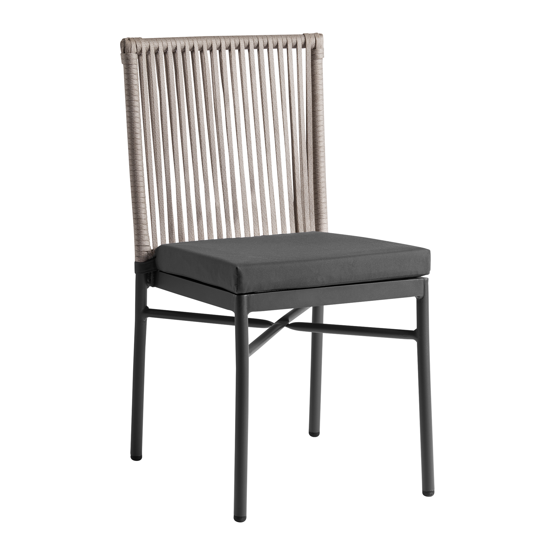 Holt 'Rope' Side Chair Inc. Seat Cushion featuring a natural woven rope backrest and dark grey cushioned seat on a black metal frame, designed for commercial interiors.