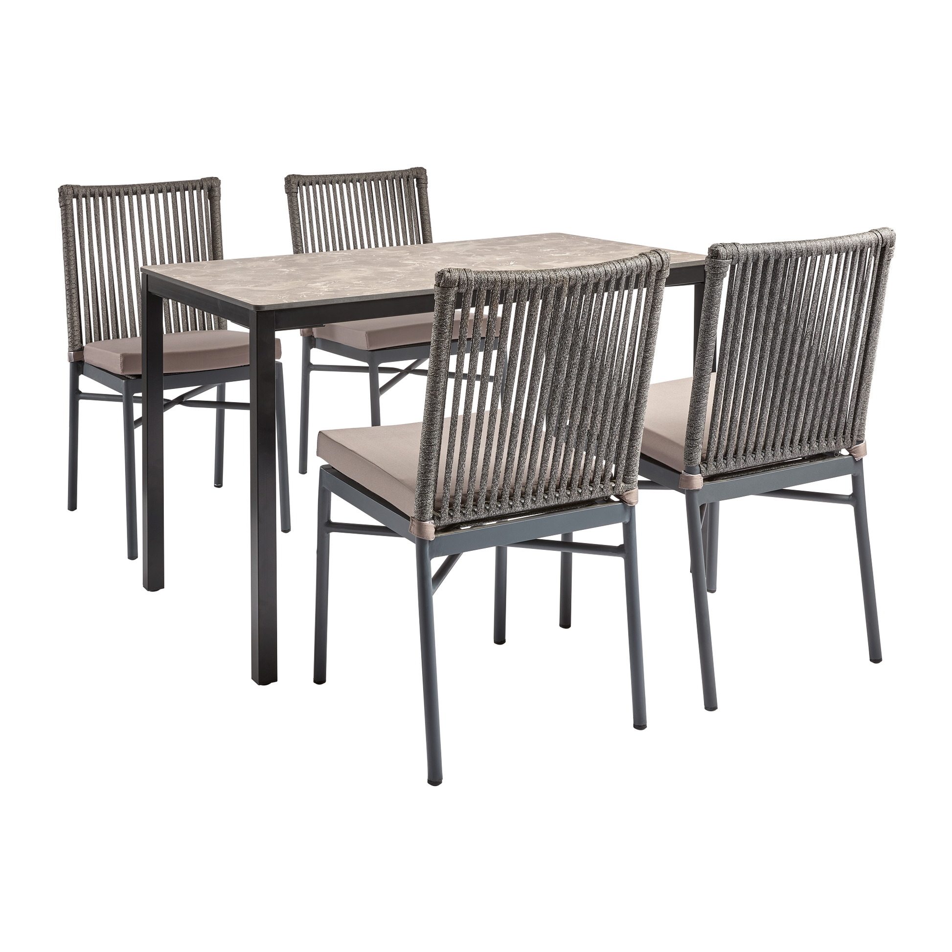 Set of four modern dining chairs featuring woven rope backs and soft cushions paired with a rectangular table, highlighting the Holt 'Rope' Side Chair Inc. Seat Cushion in a stylish dining setting.