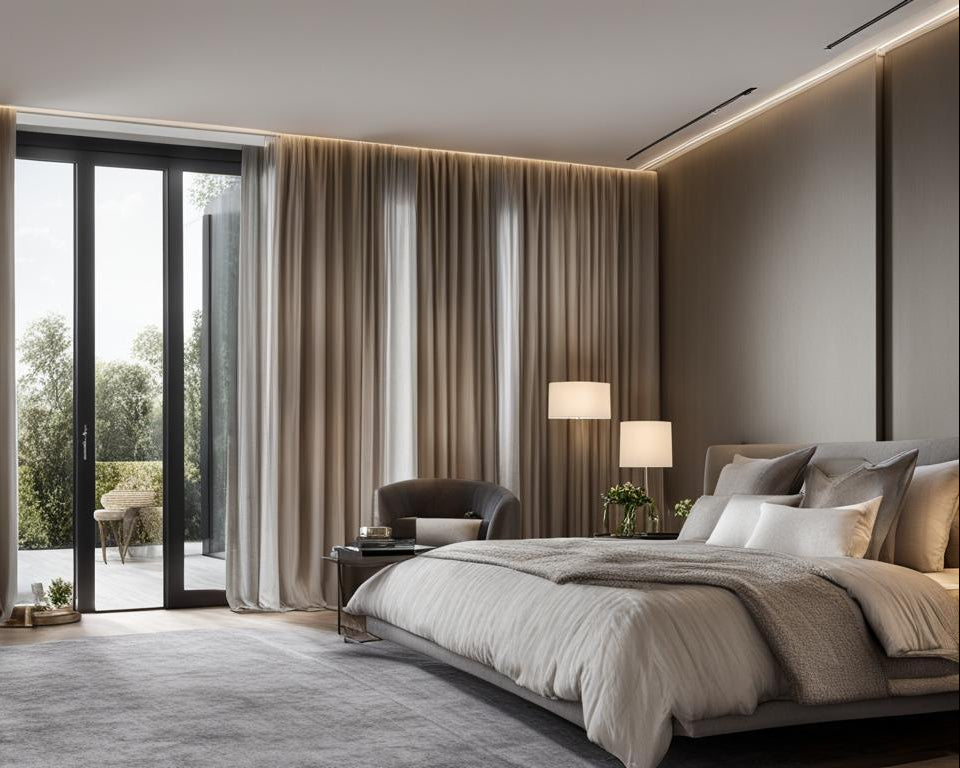 A modern bedroom interior featuring floor-length taupe curtains with matching side panels, a large bed with neutral bedding, a light gray armchair, and a glass sliding door looking out onto greenery.