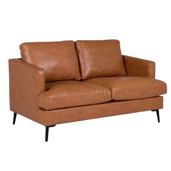 Jasper 2 Seater Crib 5 Sofa in Tan with durable PU upholstery, foam and spring seat construction, black powder-coated metal legs, and contract-grade comfort for hotels, reception areas, lounges, offices, care homes, and commercial interiors. Commercial Interiors . Contract Leather sofa. Brown leather sofa on a white background