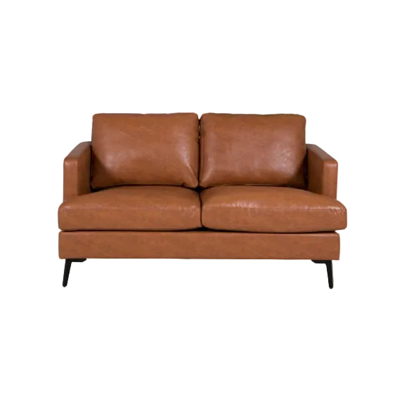 Jasper 2 Seater Crib 5 Sofa in Tan with upholstered seat and back cushions, black powder-coated metal legs, and contemporary commercial styling for hospitality, office, and lounge environments. Commercial Interiors  commercial sofa, contract leather sofa. Brown leather sofa on a white background. 