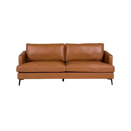 Jasper 3 Seater Crib 5 Sofa in Tan with upholstered seat and back cushions, black powder-coated metal legs, and contemporary commercial design for hotels, lounges, offices, and hospitality spaces. Brown leather sofa on a white background 