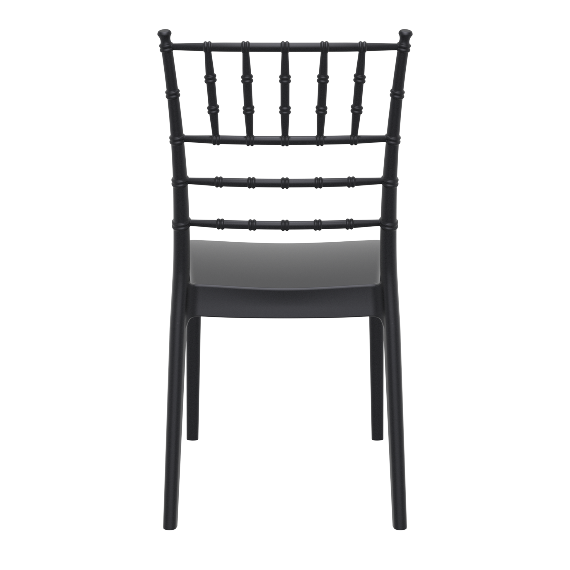 Josephine Stacking Side Chair - Black with a classic spindle back design and smooth seat, ideal for commercial and hospitality settings requiring durable, stackable seating.