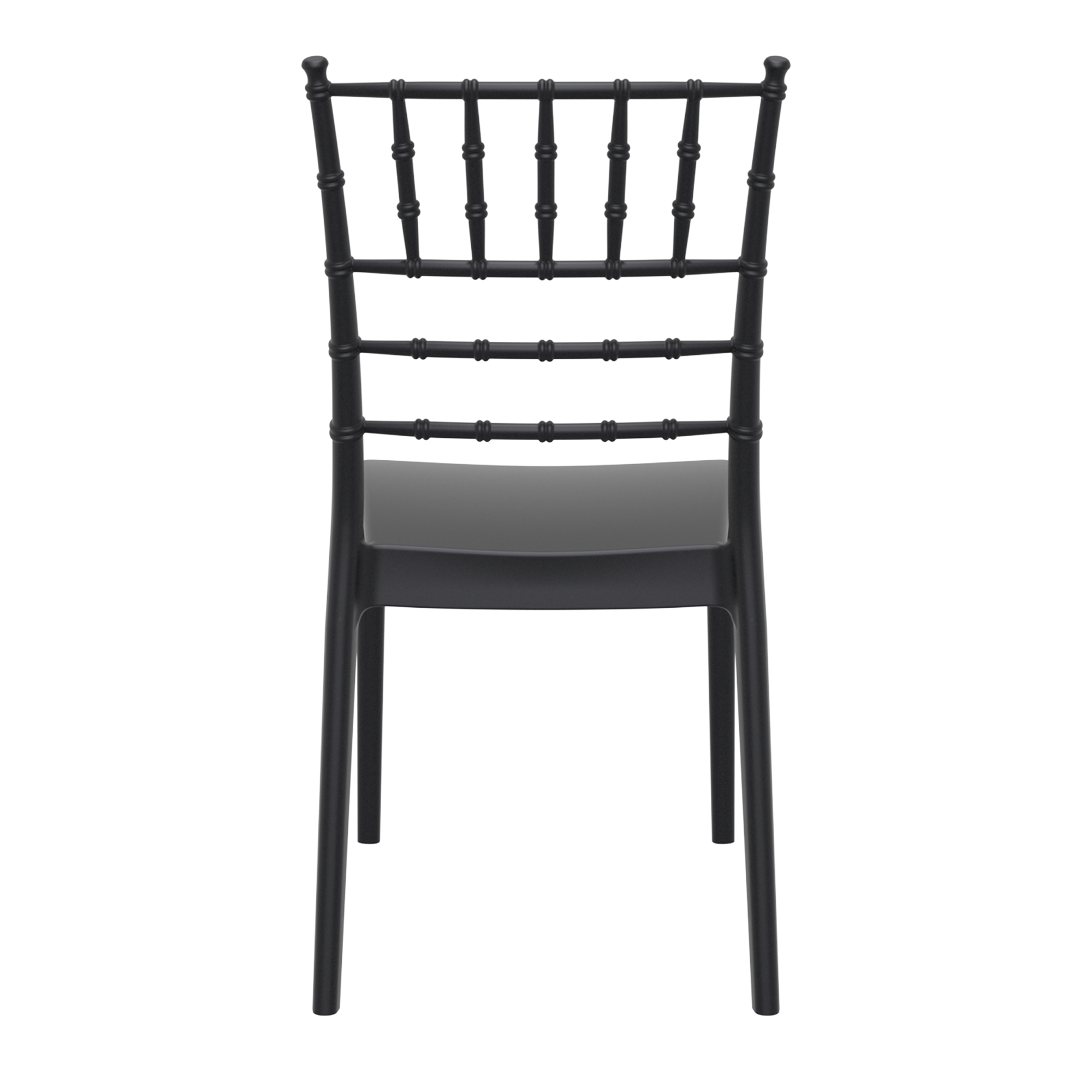Josephine Stacking Side Chair - Black with a classic spindle back design and smooth seat, ideal for commercial and hospitality settings requiring durable, stackable seating.
