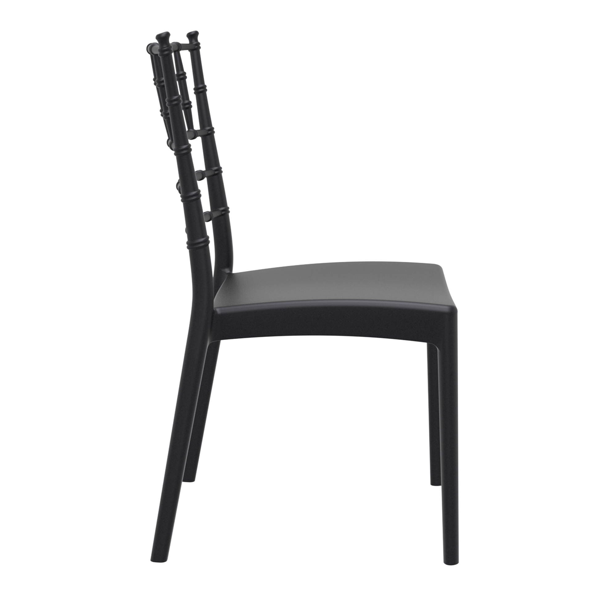 Side view of the Josephine Stacking Side Chair - Black showcasing its slim, elegant design with detailed vertical backrest supports and smooth seat, ideal for modern commercial interiors.