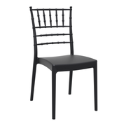 Josephine Stacking Side Chair - Black featuring a sleek matte black finish, slender legs, and a decorative spindle backrest designed for versatile commercial and hospitality use.