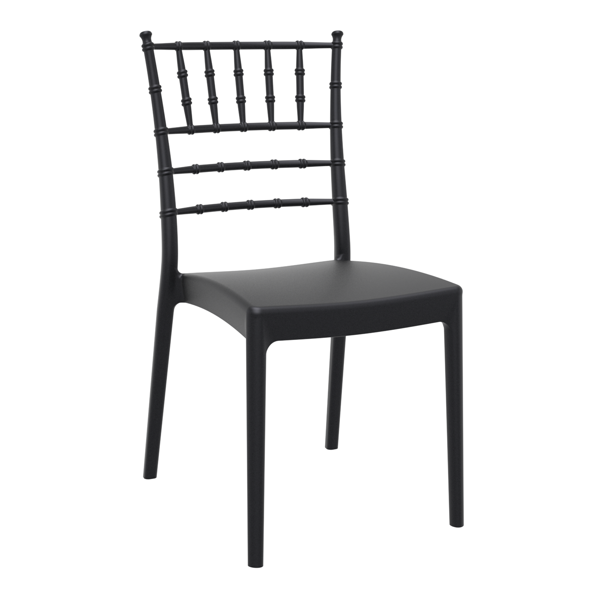 Josephine Stacking Side Chair - Black featuring a sleek matte black finish, slender legs, and a decorative spindle backrest designed for versatile commercial and hospitality use.