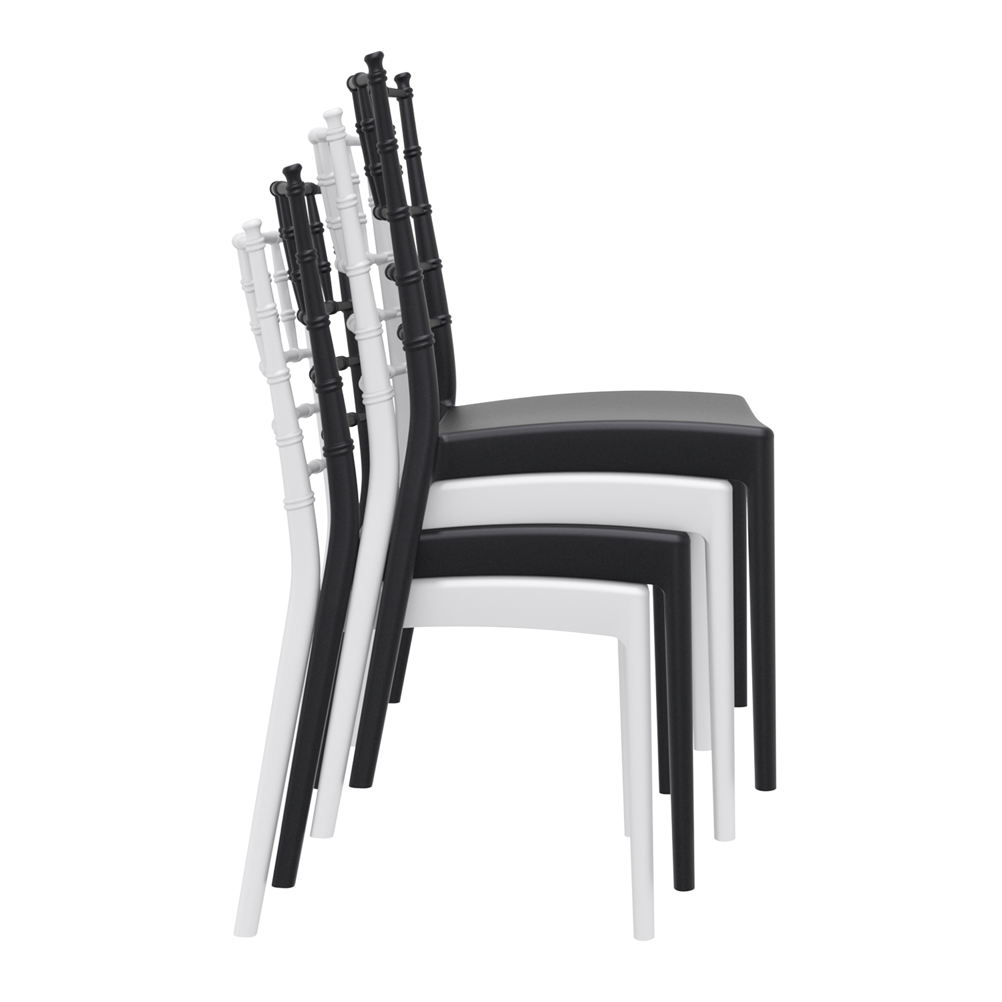 Four Josephine Stacking Side Chair - White models stacked together, showcasing their sleek design and practical stacking feature for commercial or hospitality use.