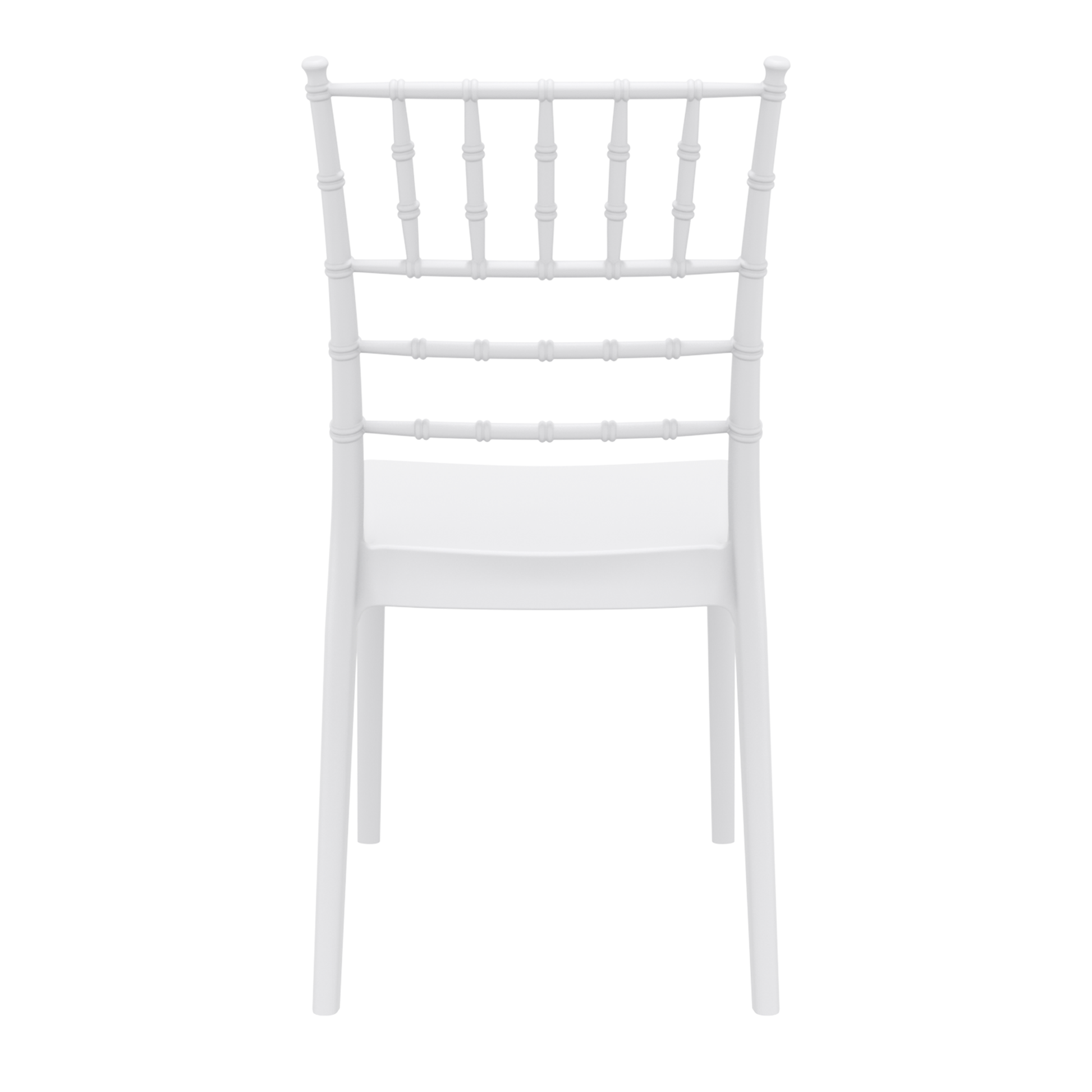 Josephine Stacking Side Chair - White with a classic spindle back design and smooth seat, ideal for commercial and hospitality settings requiring durable, stackable seating.