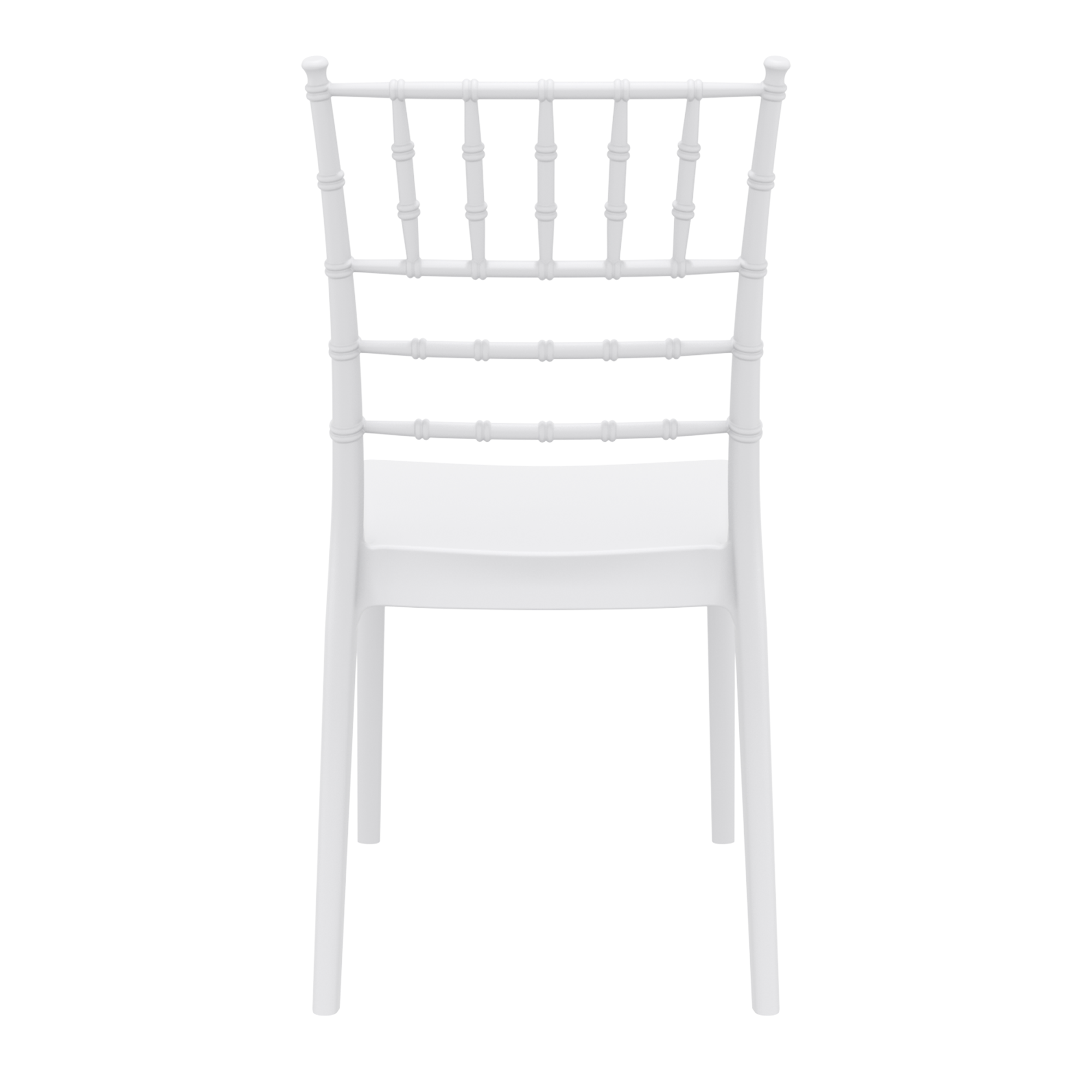 Josephine Stacking Side Chair - White with a classic spindle back design and smooth seat, ideal for commercial and hospitality settings requiring durable, stackable seating.