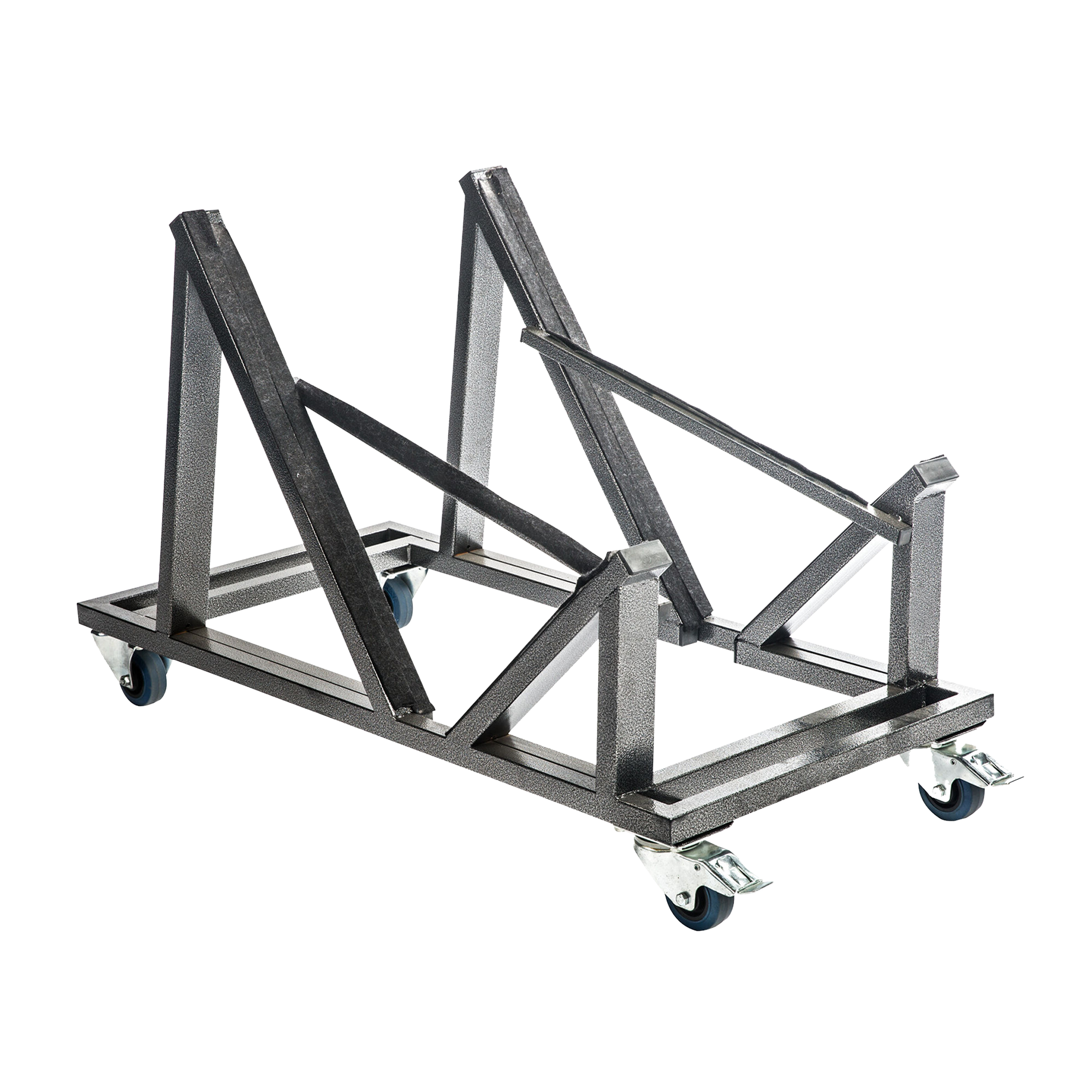 Kasar Set - 20x Black Stacking Bar Stools & Storage Trolley featuring a sturdy metal frame with angled supports and caster wheels for easy mobility, designed for efficient storage and commercial use.