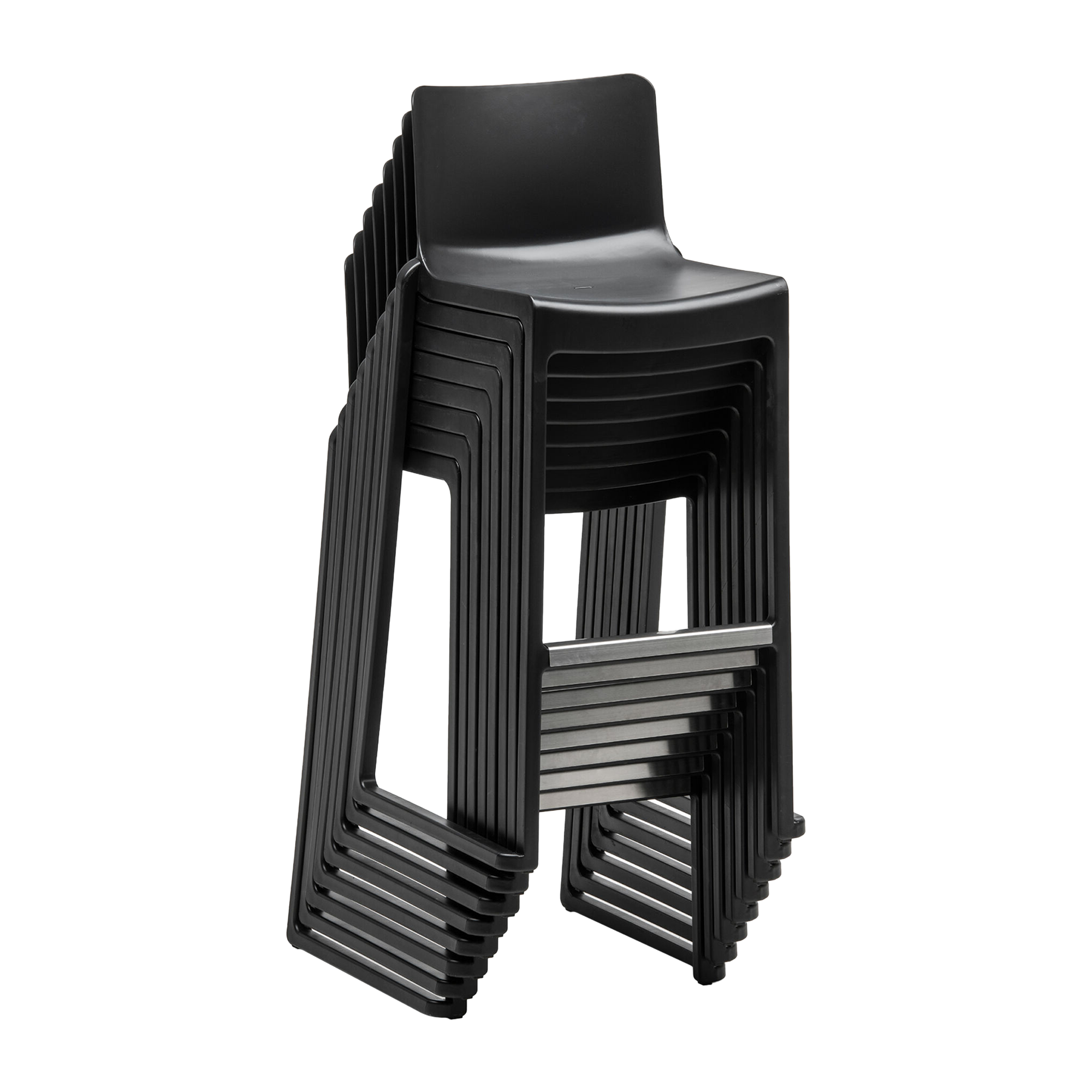 Kasar Set - 20x Black Stacking Bar Stools & Storage Trolley featuring modern black stacking bar stools designed for commercial use, ideal for maximizing space in high-traffic hospitality settings.