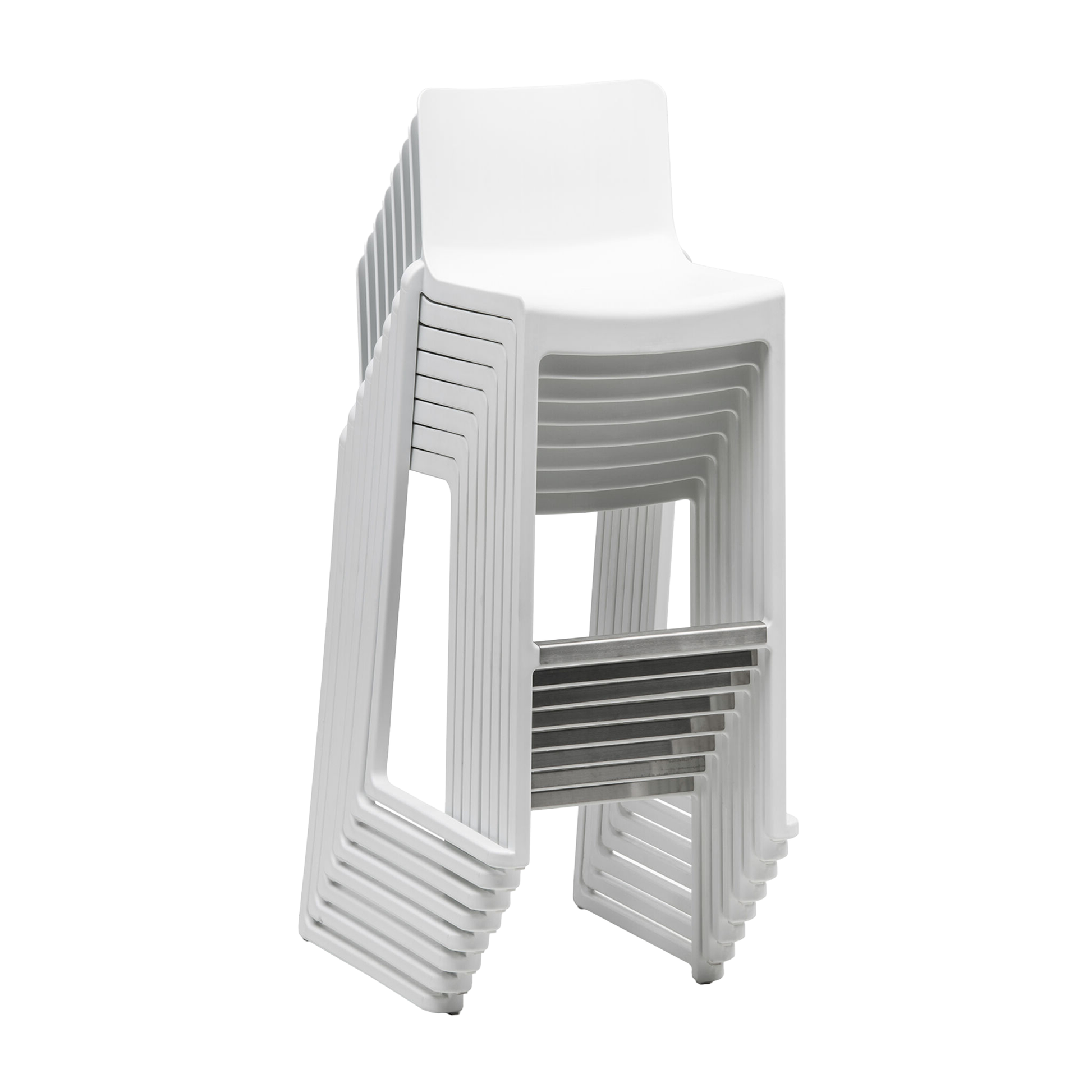 Kasar Set - 20x White Stacking Bar Stools & Storage Trolley showing durable white bar stools stacked neatly for efficient storage in commercial or hospitality settings.