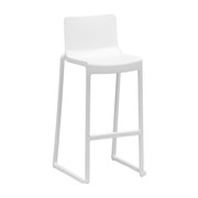 Single white modern bar stool with a minimalist design and sturdy frame, part of the Kasar Set - 20x White Stacking Bar Stools & Storage Trolley for commercial interiors.