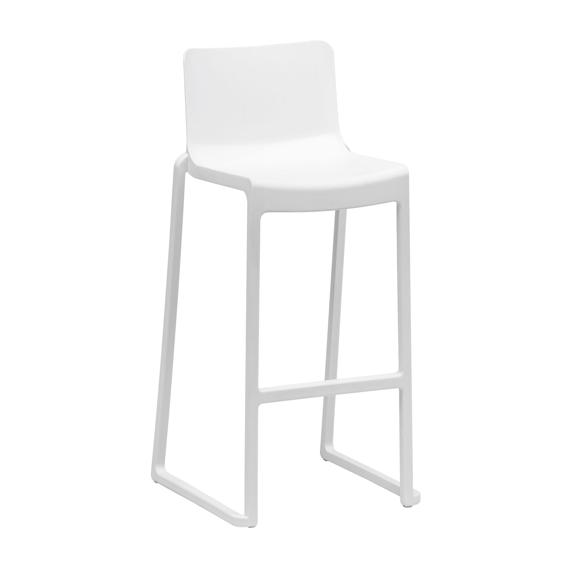 Single white modern bar stool with a minimalist design and sturdy frame, part of the Kasar Set - 20x White Stacking Bar Stools & Storage Trolley for commercial interiors.