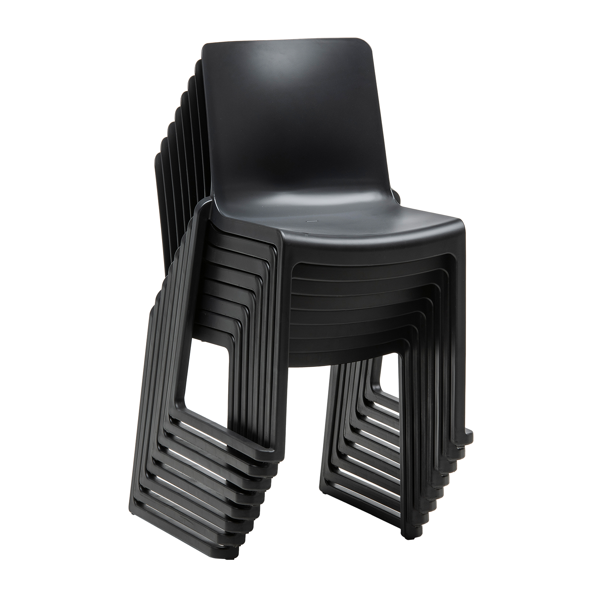 Kasar Set - 20x Black Stacking Side Chairs & Storage Trolley showing a stack of sleek black commercial-grade plastic stacking chairs ideal for high-traffic environments and efficient storage.