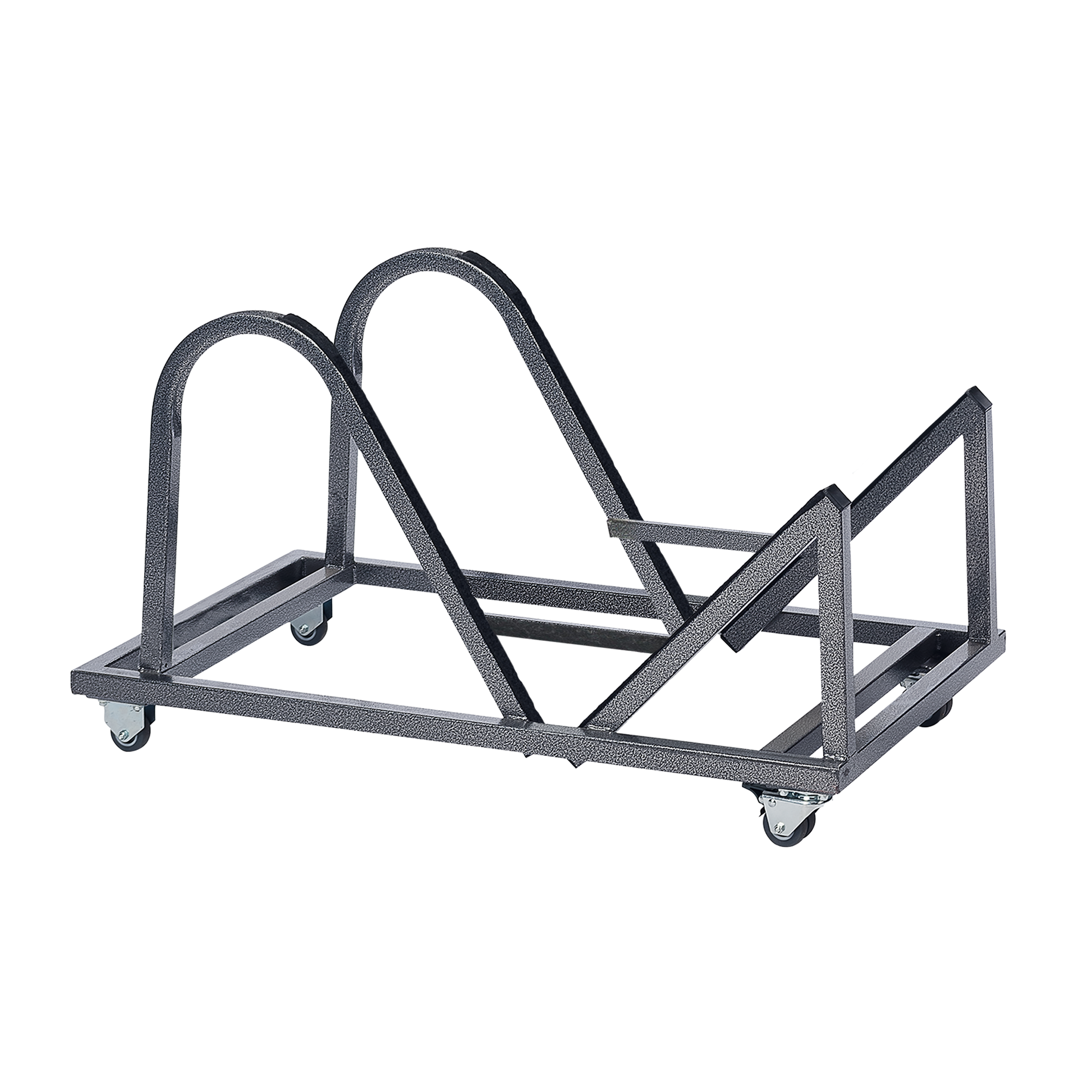 Kasar Set - 20x White Stacking Bar Stools & Storage Trolley featuring a durable black metal trolley with wheels designed for easy transportation and organized storage of stacking bar stools in commercial environments.