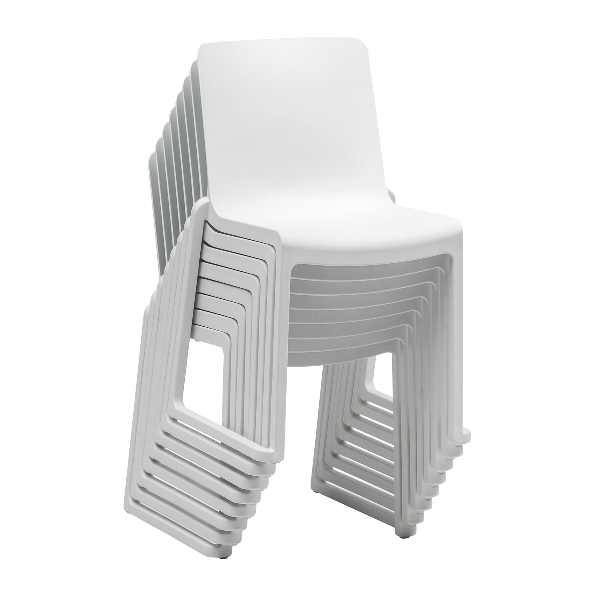 Kasar Set - 20x White Stacking Side Chairs & Storage Trolley showing a stack of modern white commercial-grade side chairs designed for high-traffic environments and flexible seating solutions.