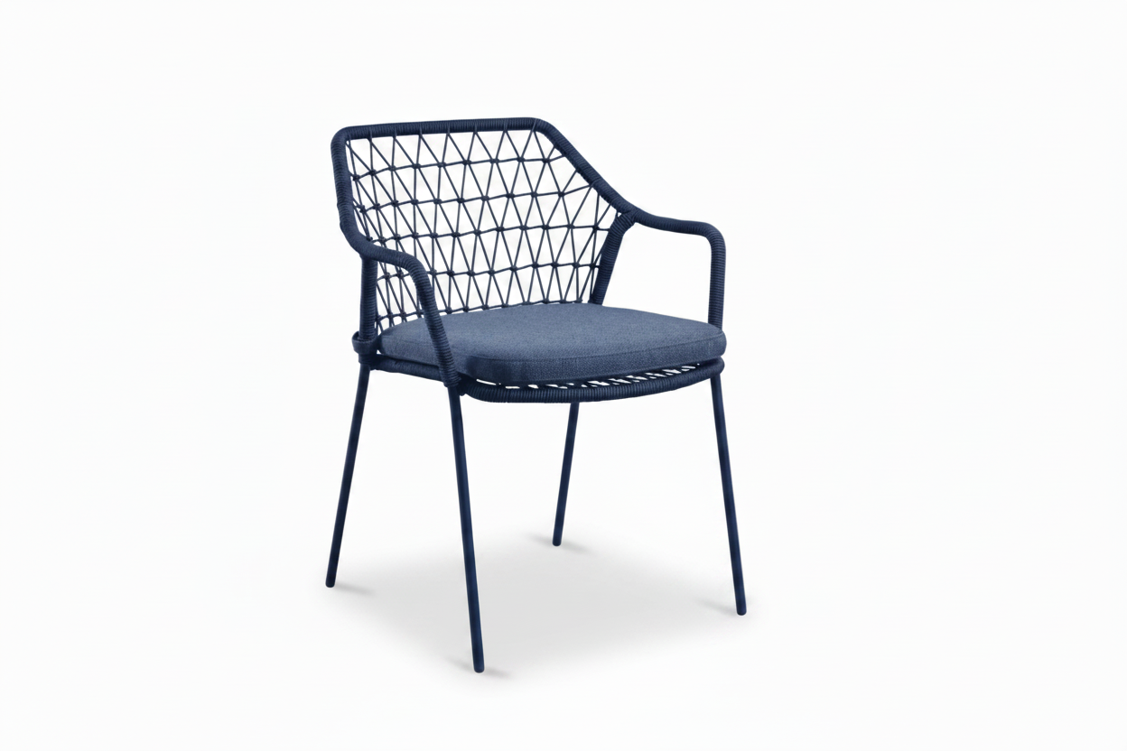 Klein Stacking Arm Chair with cushion in Indigo Blue, featuring a contemporary commercial design with integrated armrests and durable construction, suitable for restaurants, cafés, hotels, bars, and hospitality environments.
