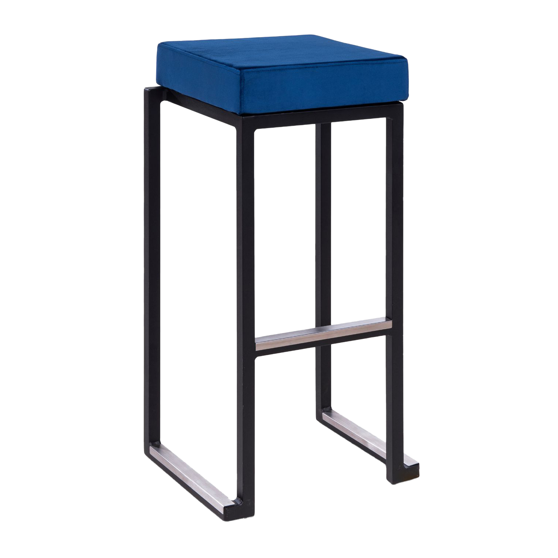Kubo Smart Bar Stool - Black Frame - Blue Velvet Seat Pad featuring a sleek black metal frame and a plush blue velvet cushion, designed for stylish commercial and hospitality settings.