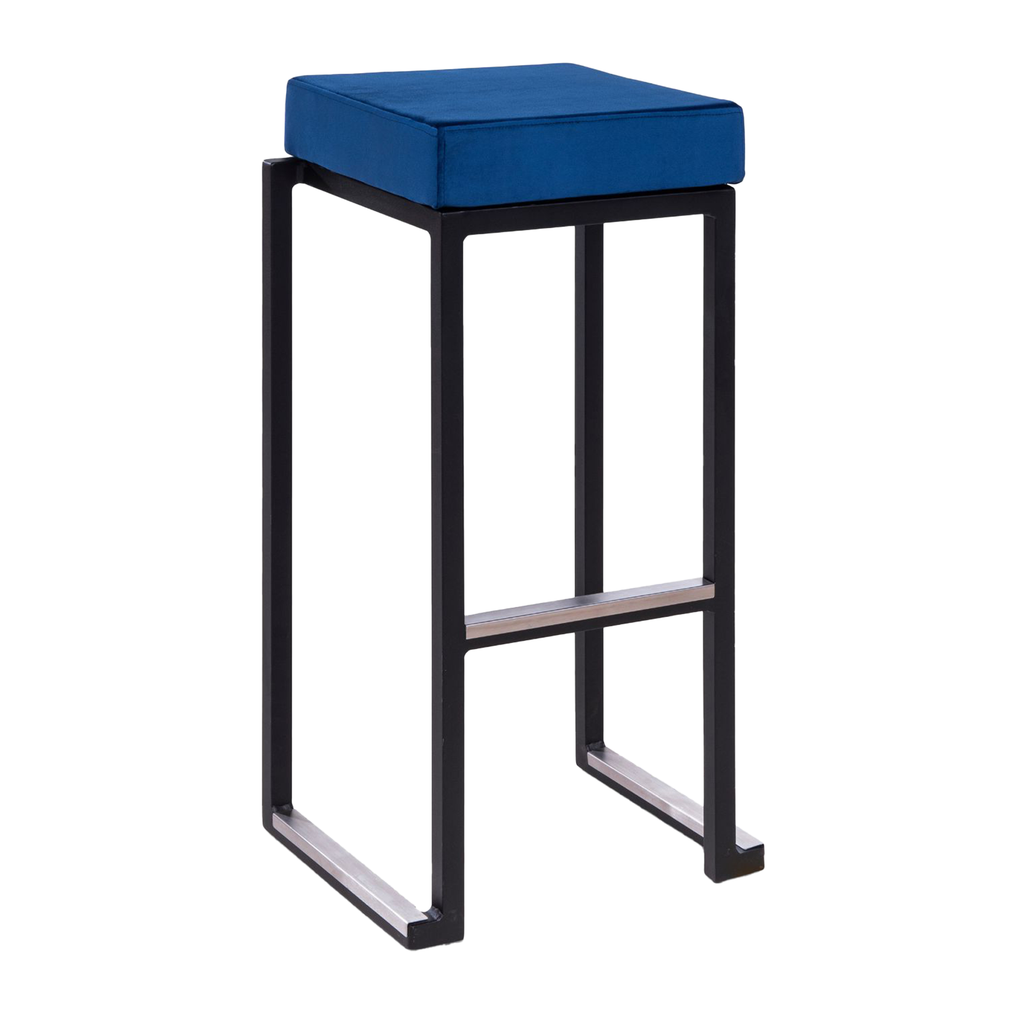 Kubo Smart Bar Stool - Black Frame - Blue Velvet Seat Pad featuring a sleek black metal frame and a plush blue velvet cushion, designed for stylish commercial and hospitality settings.
