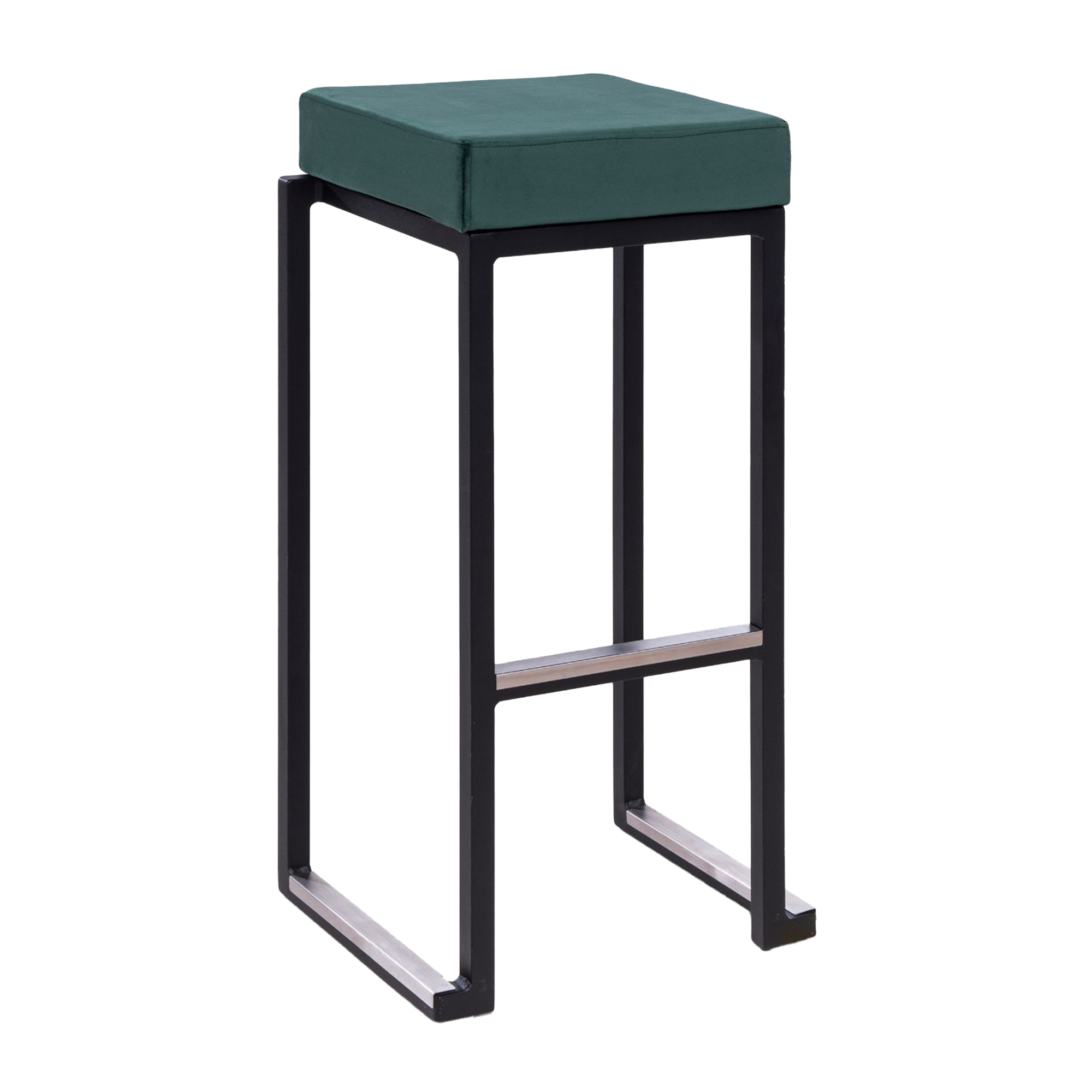 Kubo Smart Bar Stool - Black Frame - Green Velvet Seat Pad featuring a sleek black metal frame with a comfortable green velvet cushion, designed for stylish commercial and hospitality settings.