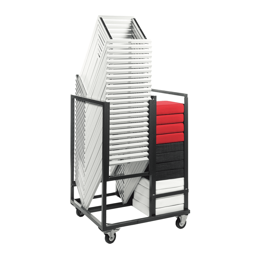 Smart Bar Stool Frame - Black holding stacked white chair frames and multi-colored cushions on a wheeled trolley for easy transport in commercial or hospitality settings.