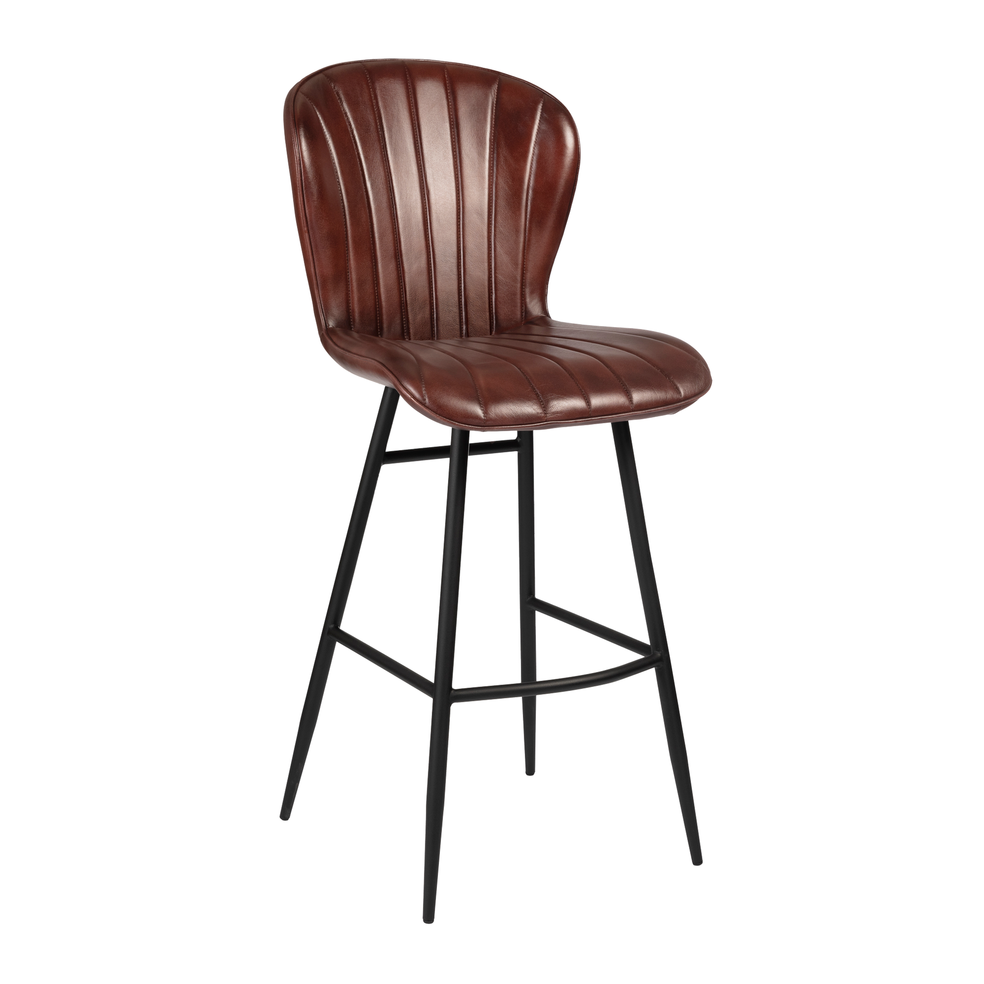 Lars Bar Stool - Genuine Claret Red Leather with curved padded backrest and seat featuring vertical stitching, supported by slender black metal legs for stylish commercial seating.