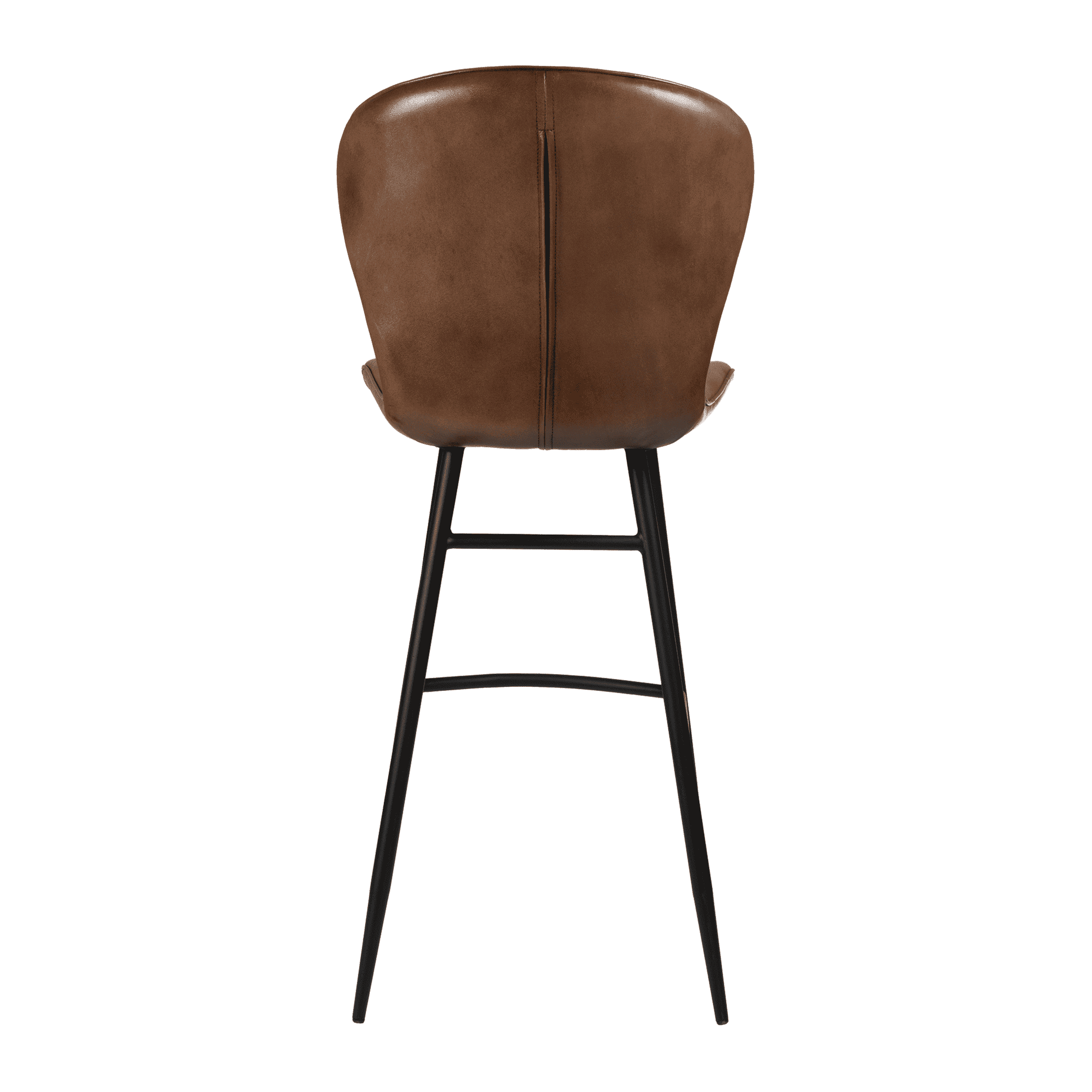 Lars Bar Stool - Genuine Pecan Brown Leather viewed from the back, featuring smooth brown leather upholstery and slender black metal legs with footrest, ideal for commercial and hospitality spaces.